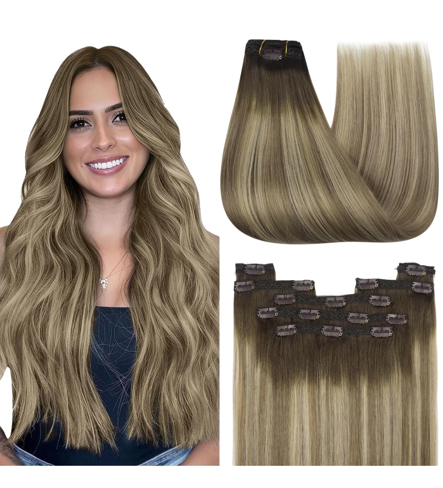 Youngsee 45cm Real Hair Clip-in Balayage Extensions - Brown & Blonde - 120g Remy Hair - 7 Pieces - Buy Online on GoSupps.com