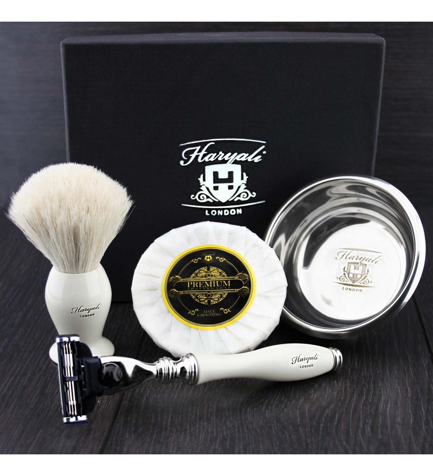 4 Pc Men's Shaving Kit - 3 Edge Razor Badger Hair Brush Soap & Stainless Steel Bowl | Perfect Gift for Men - International Shipping - Buy Online on GoSupps.com