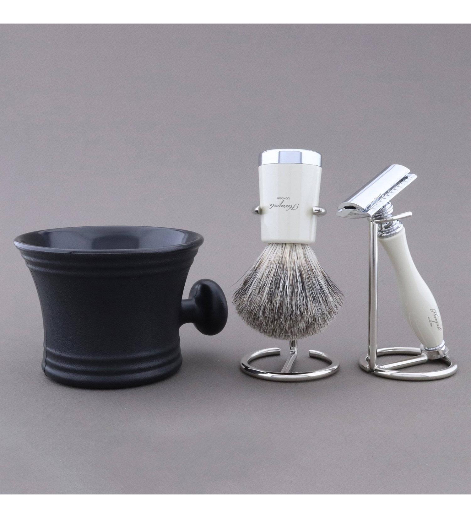 Premium Ivory Shaving Set for All Genders - Badger Hair Brush Black Razor Stand & Double Cutter - Buy Online on GoSupps.com