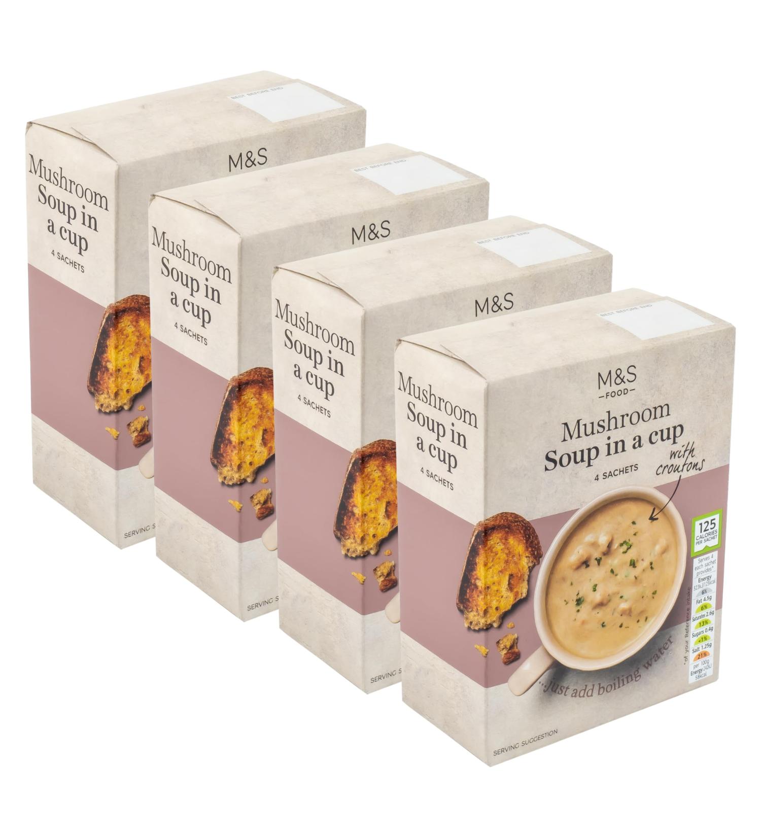 M&S Marks & Spencer Instant Mushroom Soup in a Cup Mix with Croutons 125 Calories Per Sachet Vegetarian - Set of 4 Boxes (4x4pk) - Buy Online on GoSupps.com