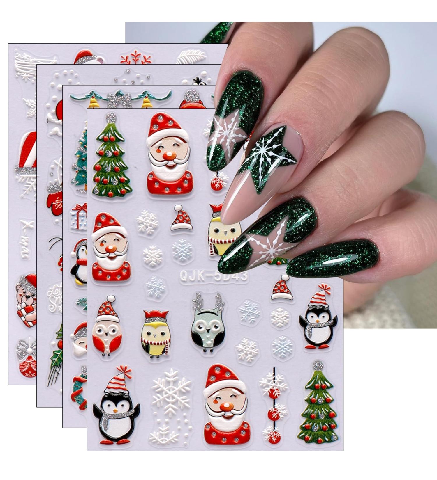 JMEOWIO 6 Sheets 3D Embossed Christmas Glitter Nail Art Stickers Decals Self-Adhesive 5D Santa Elk Snowflake Winter Holiday Nail Supplies Nail Art Design Decoration Accessories - Buy Online on GoSupps.com