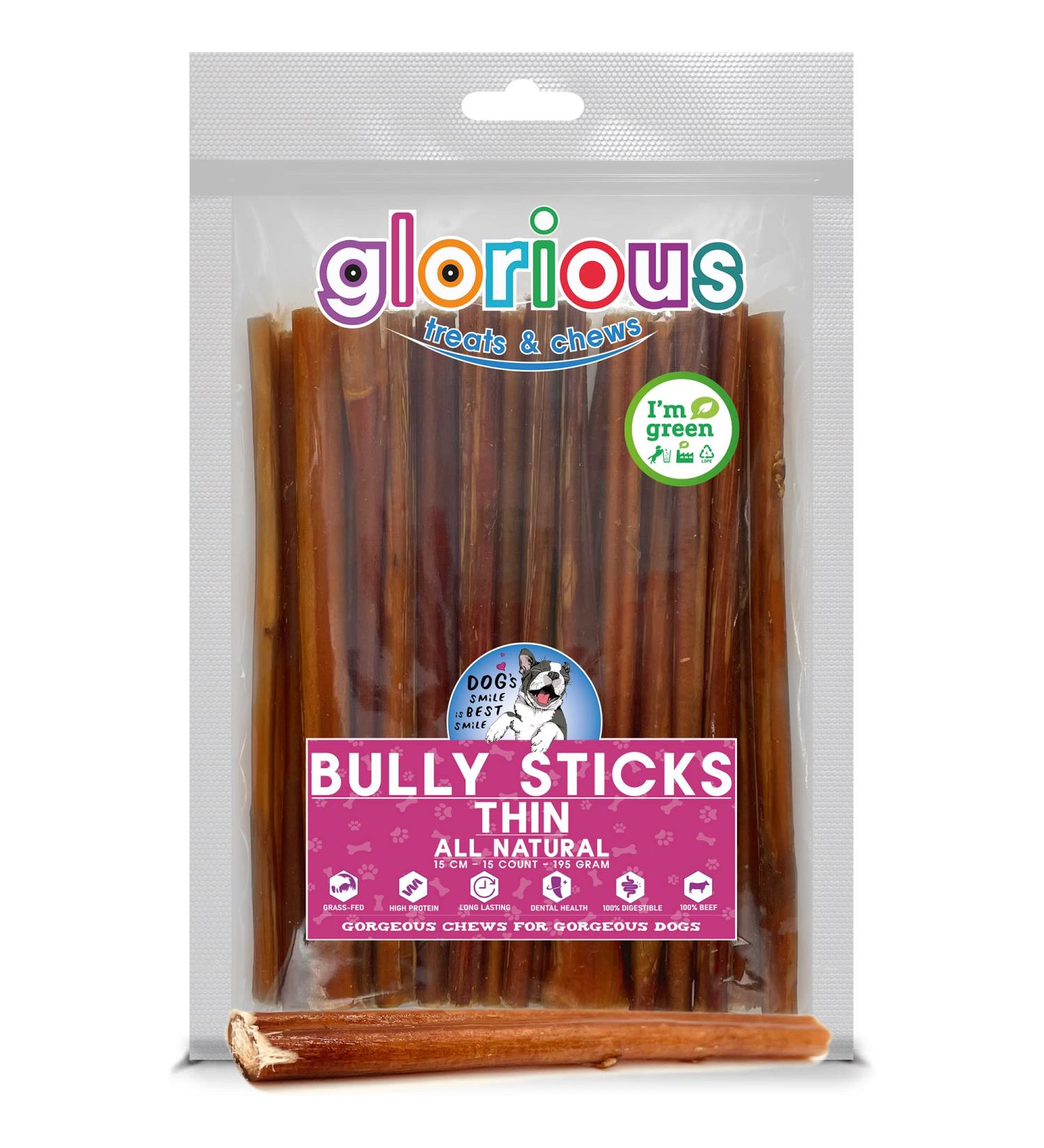 Premium Bully Sticks for Dogs - All-Natural Beef Pizzle Sticks for Puppies to Medium Dogs Dental Chew Treats for Healthy Teeth and Gums Fully Digestible Gluten-Free (Thin 12-15 cm 250gr) Thin-Regular 15 count (Pack of 1) - Buy Online on GoSupps.com