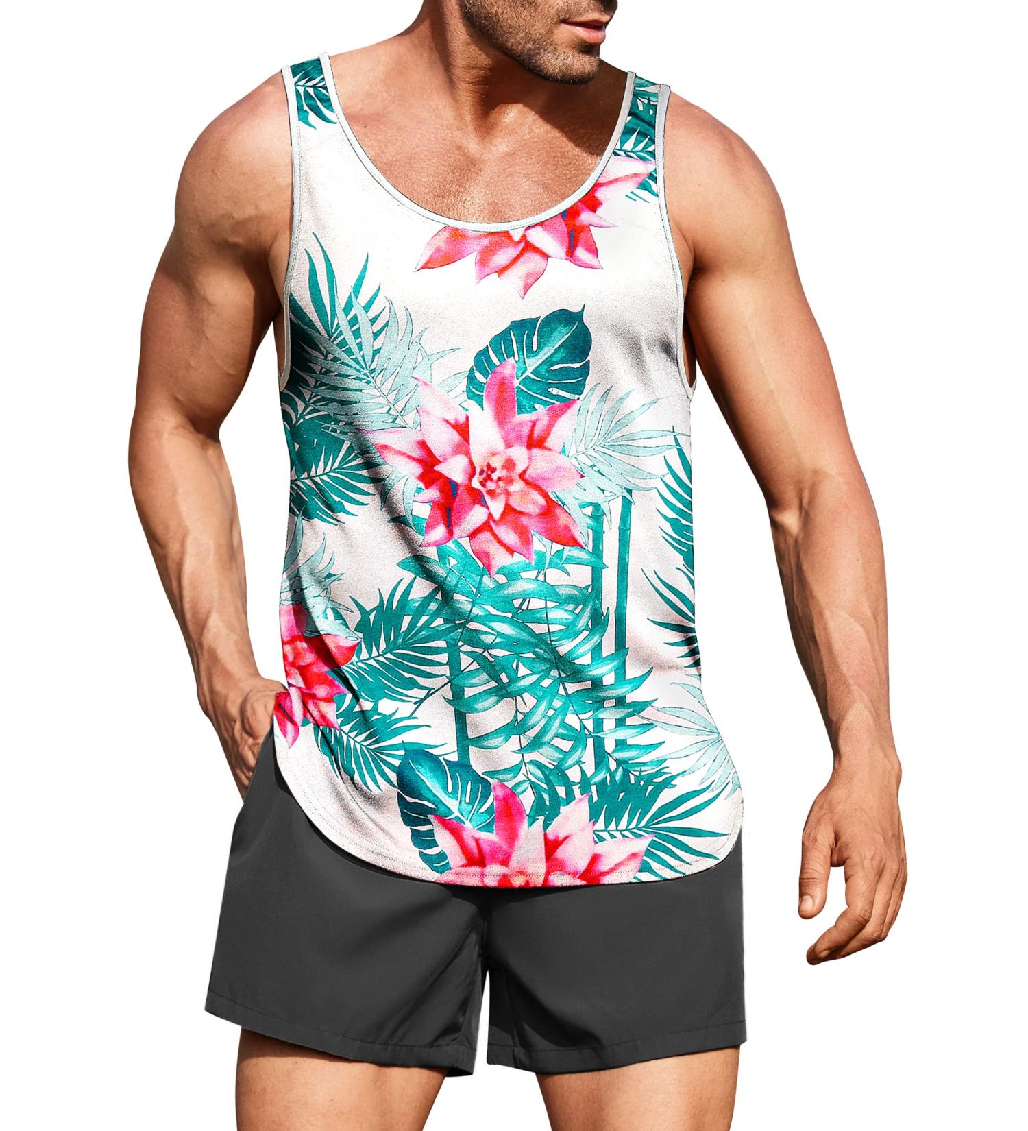 COOFANDY Men's Floral Tank Top - Sleeveless All Over Print Tee for Sport - White, Size Medium - Buy Online on GoSupps.com