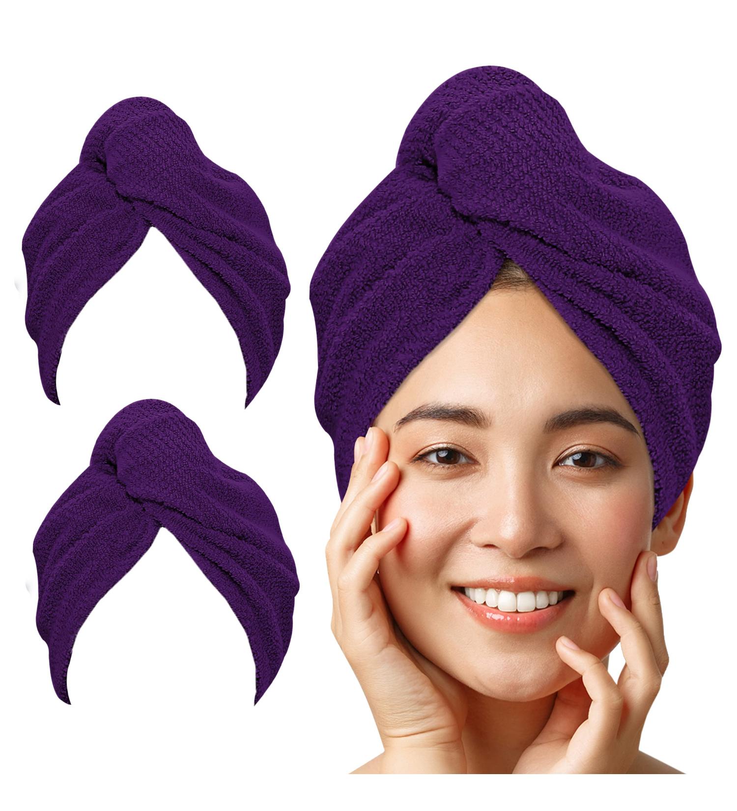 Buy LUXTOGO 100% Cotton Fast Dry Hair Towel - Super Absorbent Hair Turban with Button & Elastic - Purple Checkered 2 Pcs | International Shipping Available - Buy Online on GoSupps.com