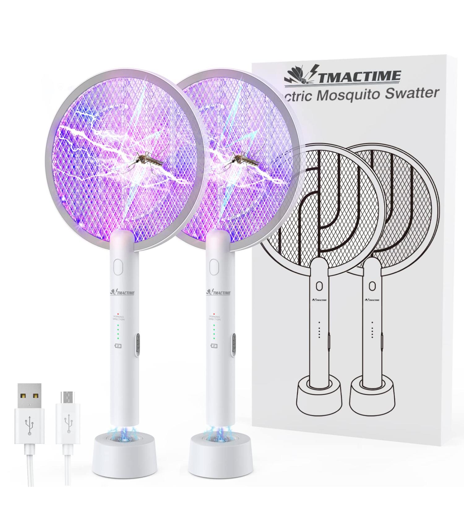 2-Pack TMACTIME Electric Fly Swatter Bug Zapper Racket - USB Rechargeable Base, 4000V High Grid, 3-Layer Safety Mesh - Ideal for Bedroom, Kitchen, Garden, and Outdoor - 2PCS - Buy Online on GoSupps.com