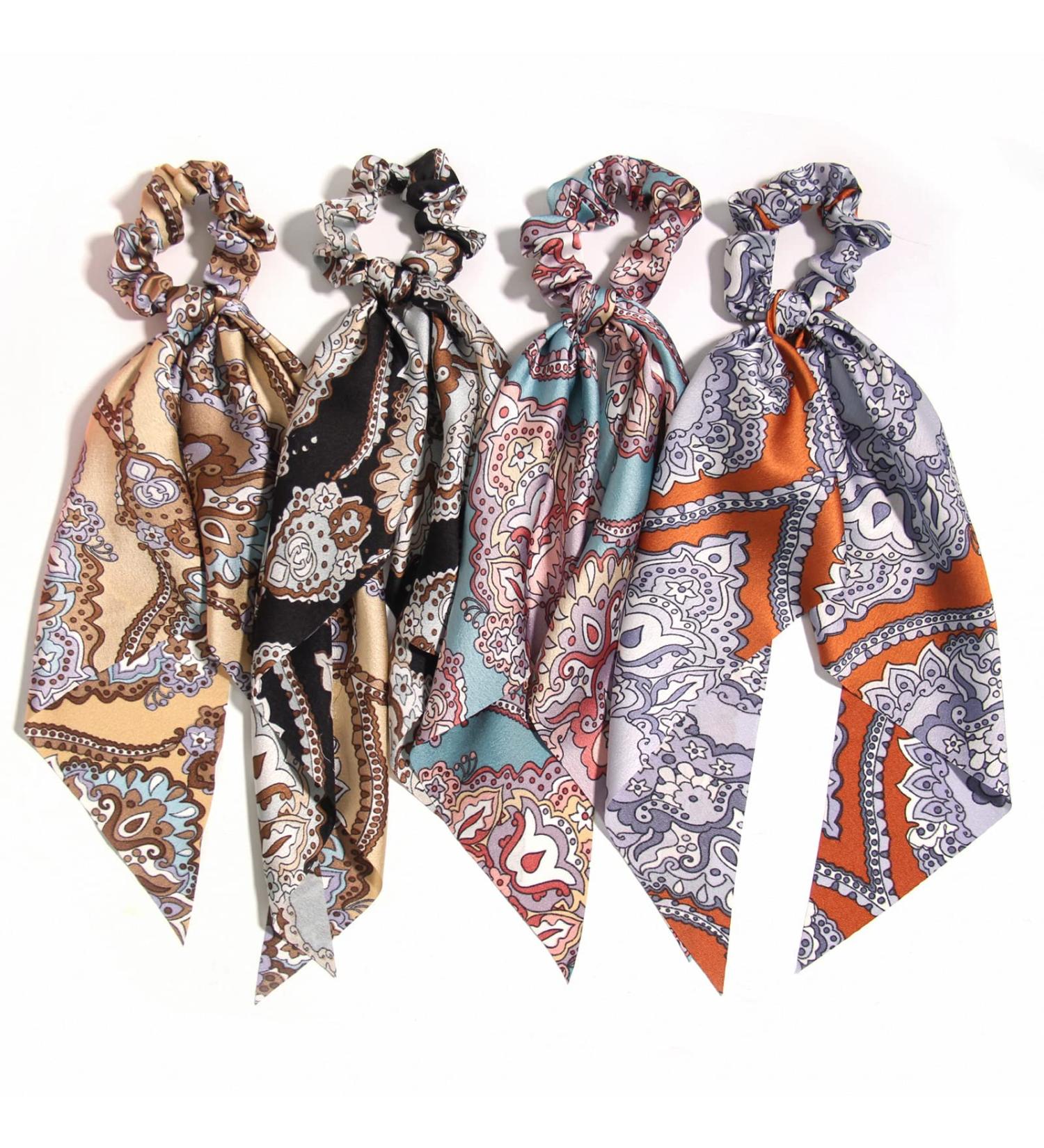 Satin Paisley Hair Scrunchies Set - 4pcs Long-Tail Hair Ribbons for Women and Girls | Summer Hair Ties and Styling Accessories - Buy Online on GoSupps.com