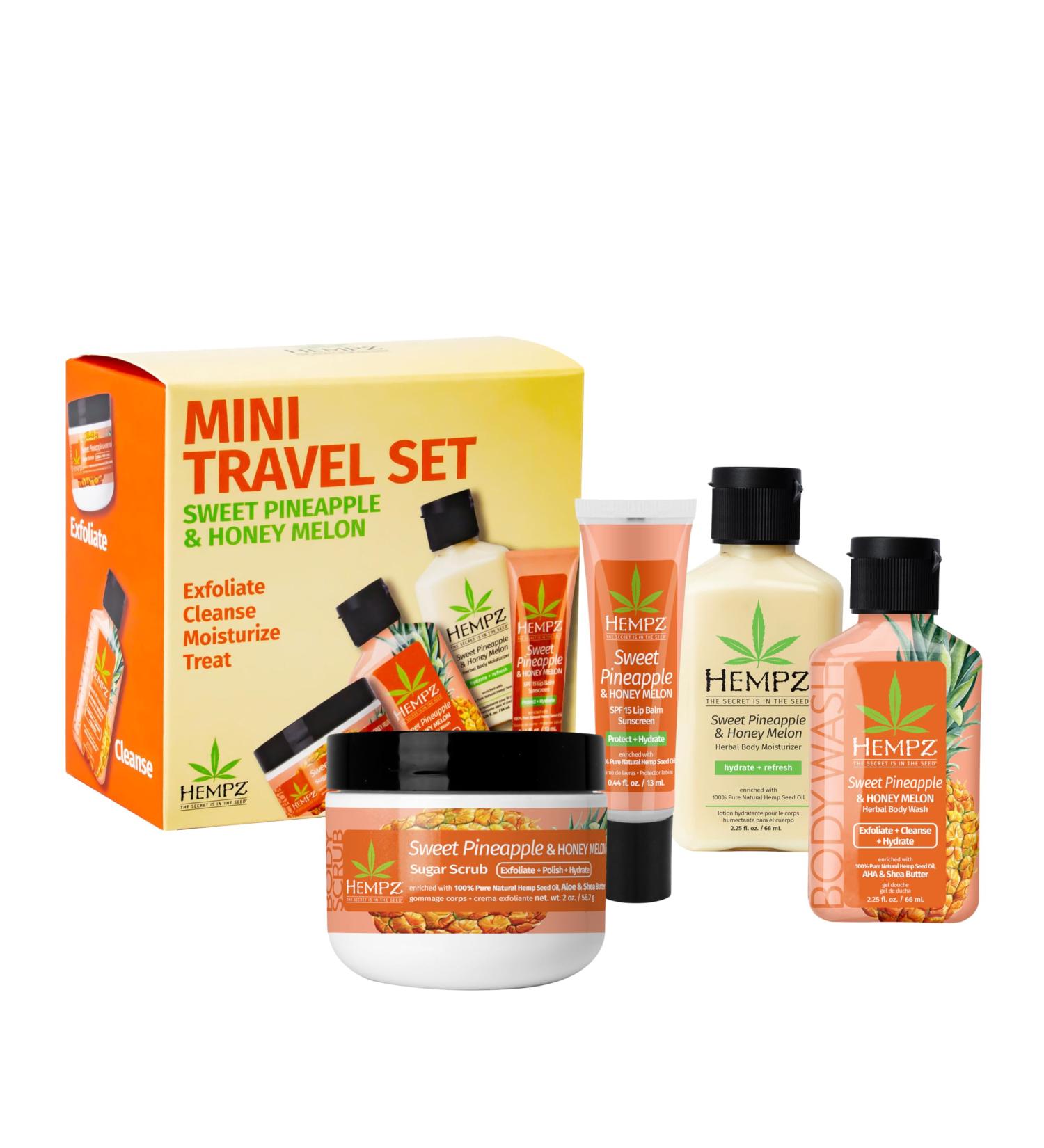 Hempz Mini Sweet Treats Travel Kit | 4-Piece Body Wash Lotion Scrub & Lip Balm Set - Sweet Pineapple Honeymelon Scent | Ideal International Gift - Buy Online on GoSupps.com
