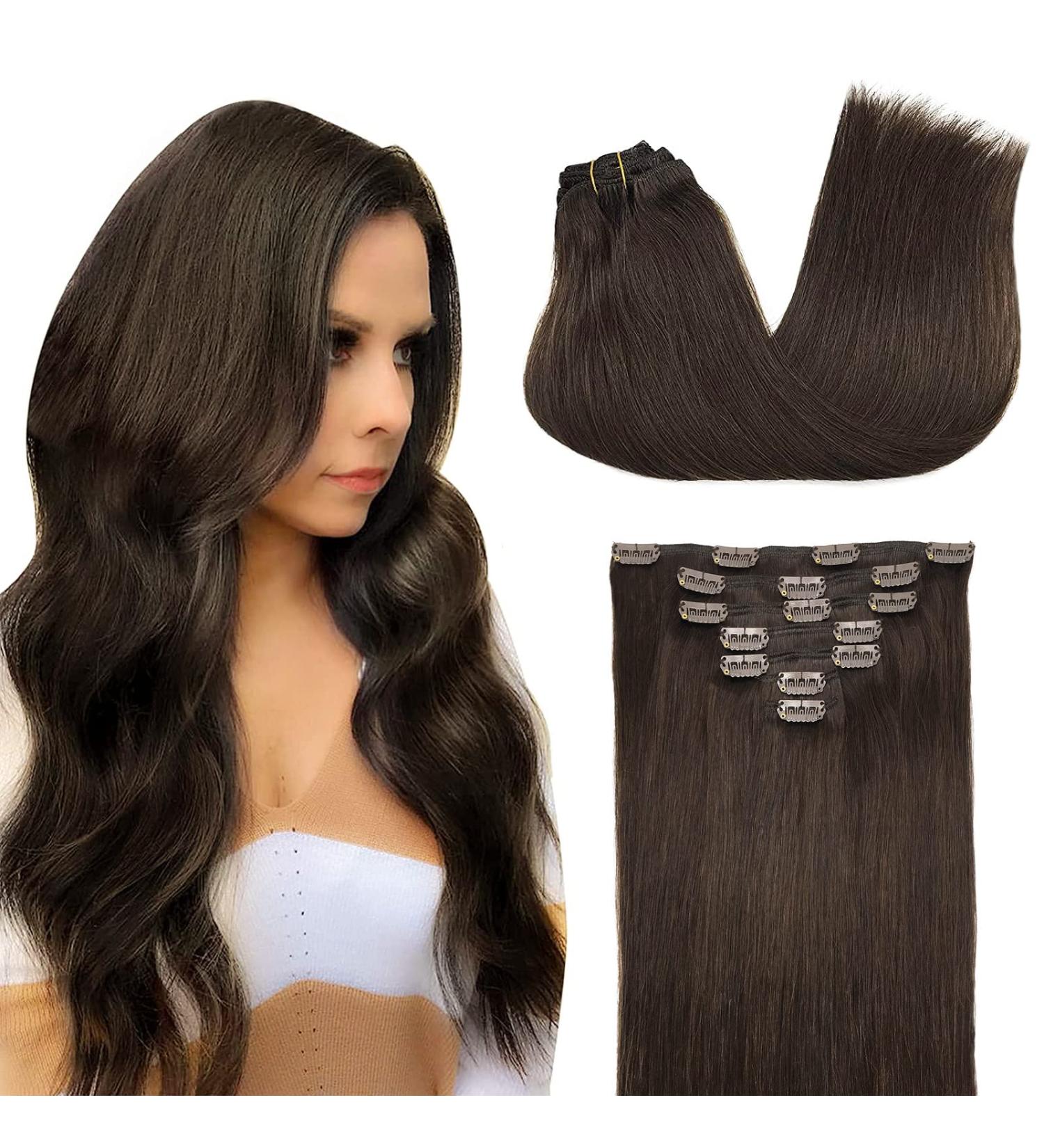 Doores Real Hair Extensions Clip 45cm 18 Inch - Light Dark Brown 120g Remy Clip-In Human Hair for Thick Hair - Buy Online on GoSupps.com