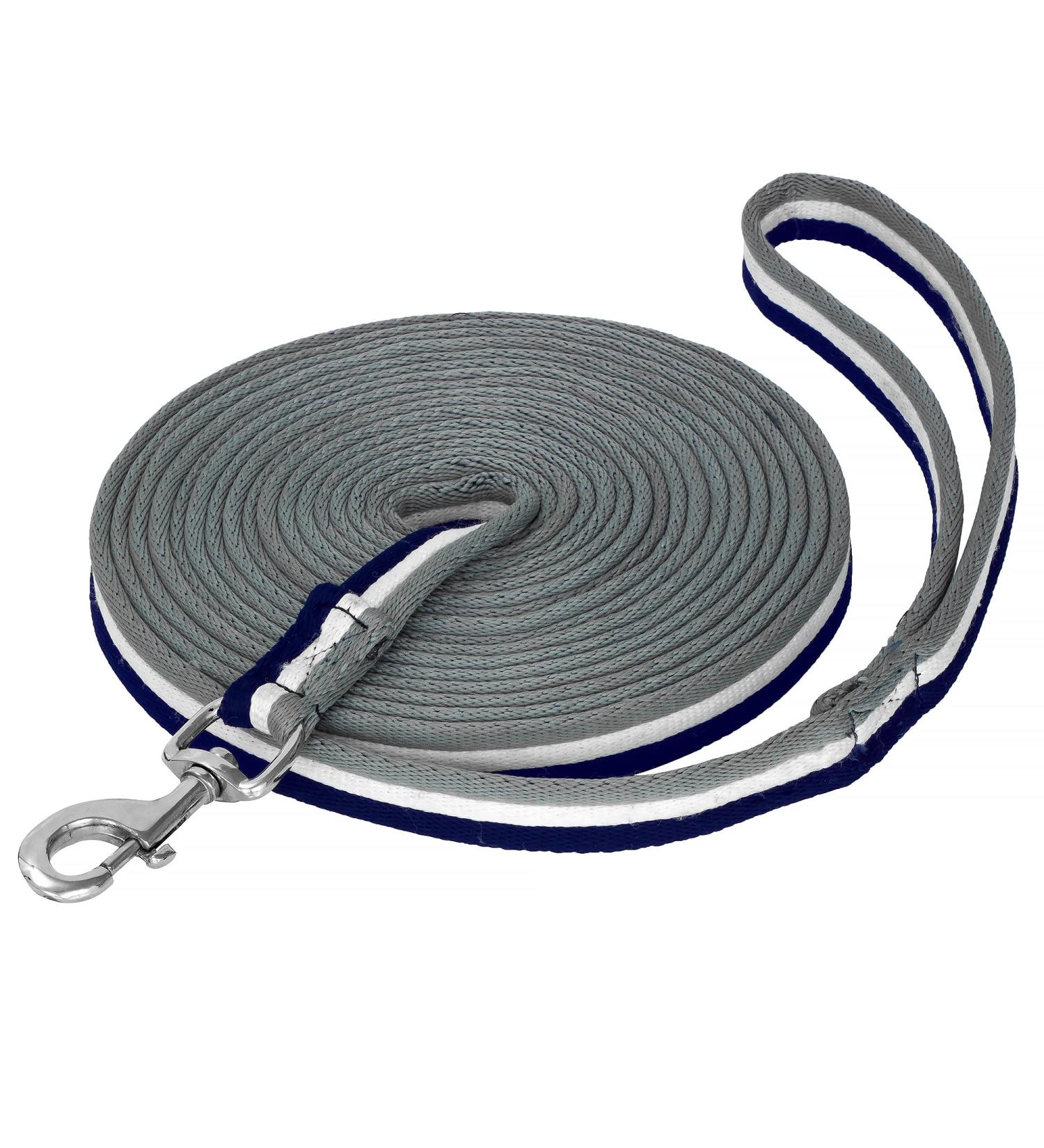 Shop 8m Soft Nylon Lunging Line for Equestrian Horses | Durable Tug Line with Hand Loop & Carabiners - Navy/White/Gray - Buy Online on GoSupps.com