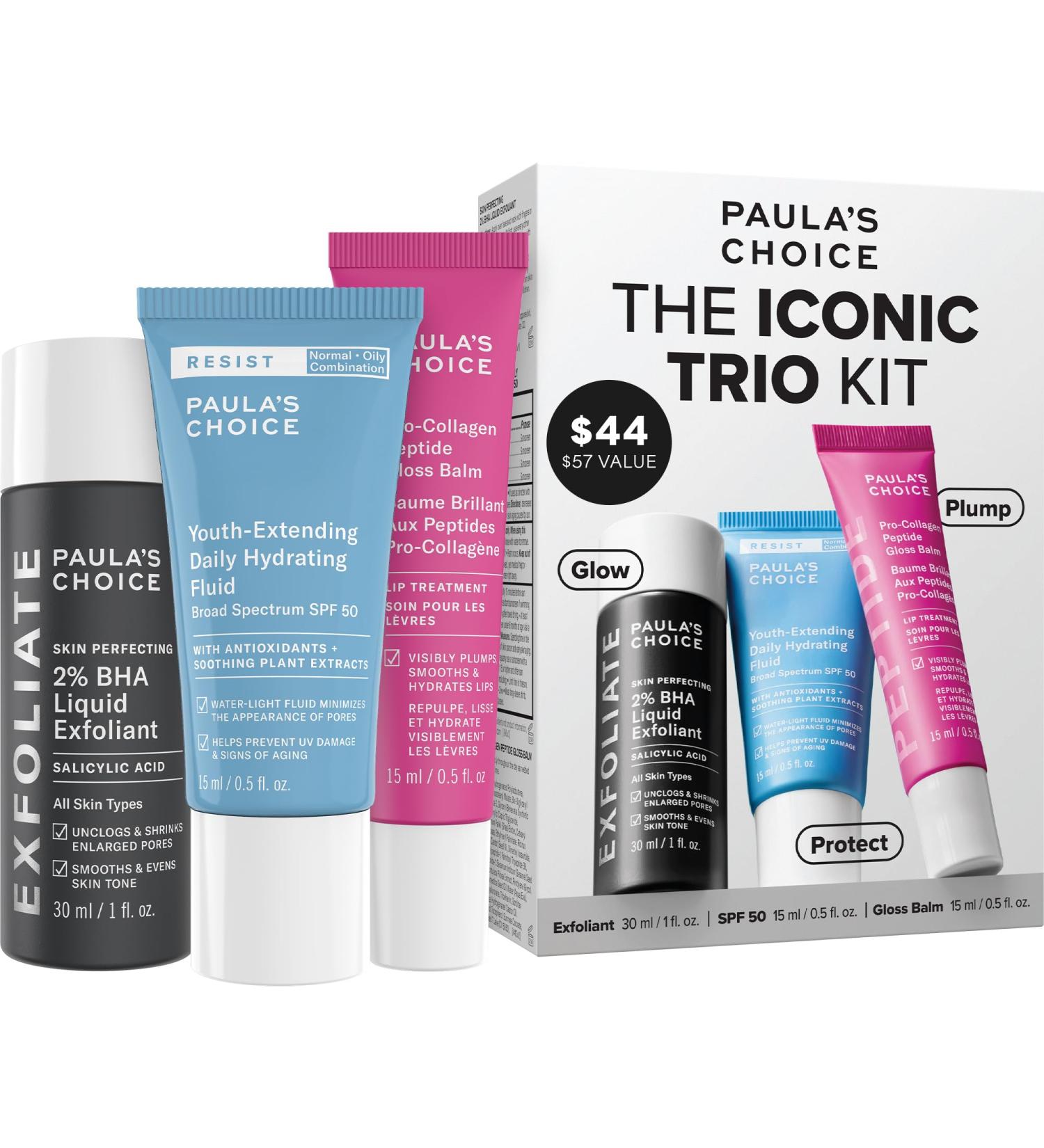 Paula s Choice The Iconic Trio Kit Travel 2% BHA Liquid Exfoliant Travel SPF 50 Moisturizer Full Sized Peptide Gloss Balm Complete Glow and Lip Care Set - Buy Online on GoSupps.com
