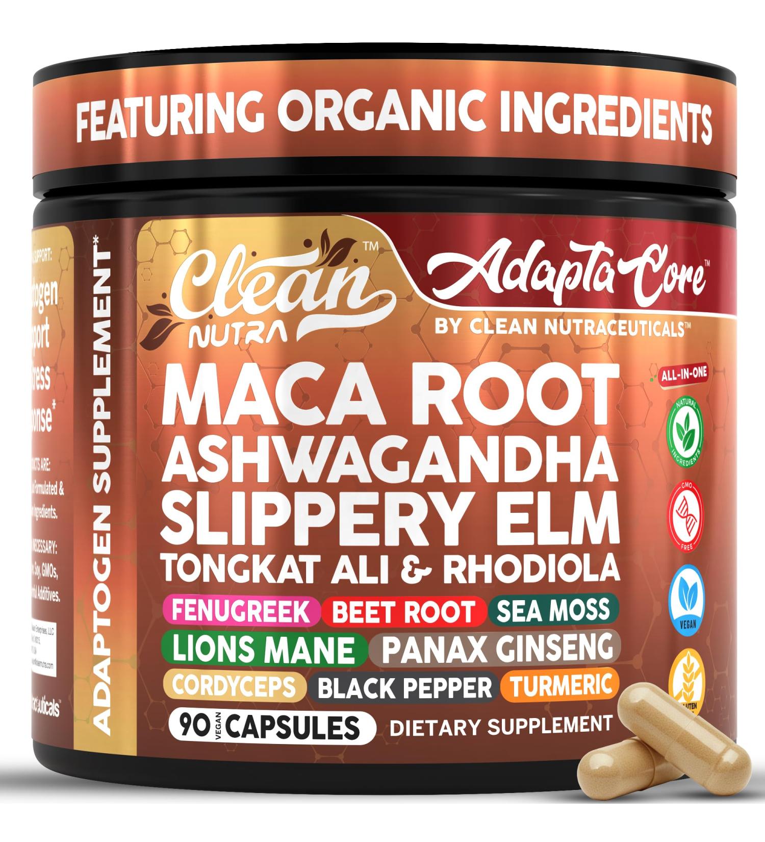 Clean Nutra Organic Maca Root Capsules for Women + Ashwagandha Slippery Elm Tongkat Ali Rhodiola Rosea Fenugreek Beet Root Sea Moss Ginseng Black Yellow Red Maca Powder Supplement 90 Pills - Buy Online on GoSupps.com