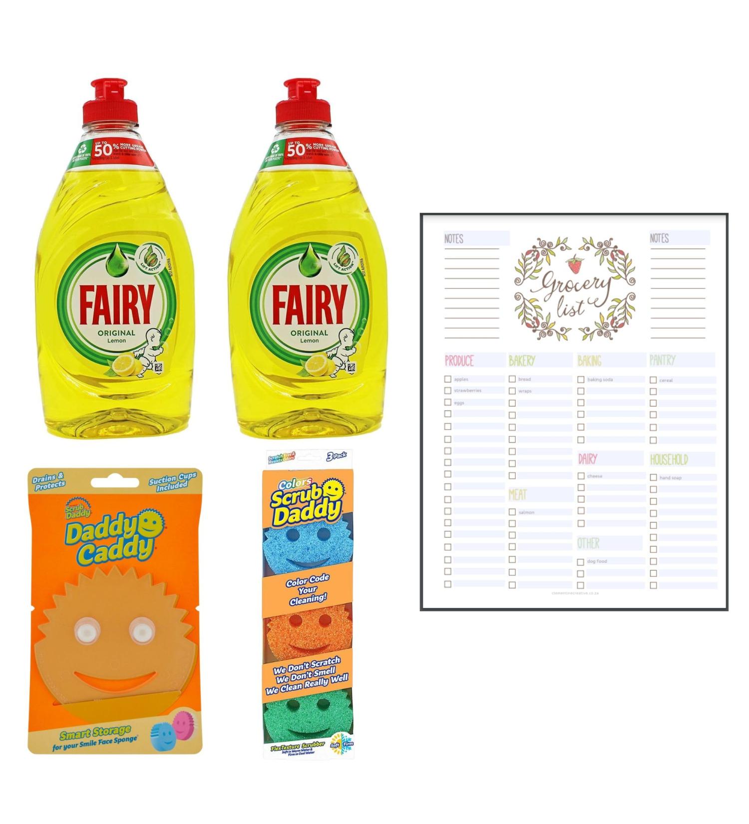 Dish Washing Set which Contains Fairy Lemon Washing Up Liquid 320ml (2) Scrub Daddy Colors 3 per pack and Scrub Daddy Daddy Caddy Bundled with Grocery List Card - Buy Online on GoSupps.com