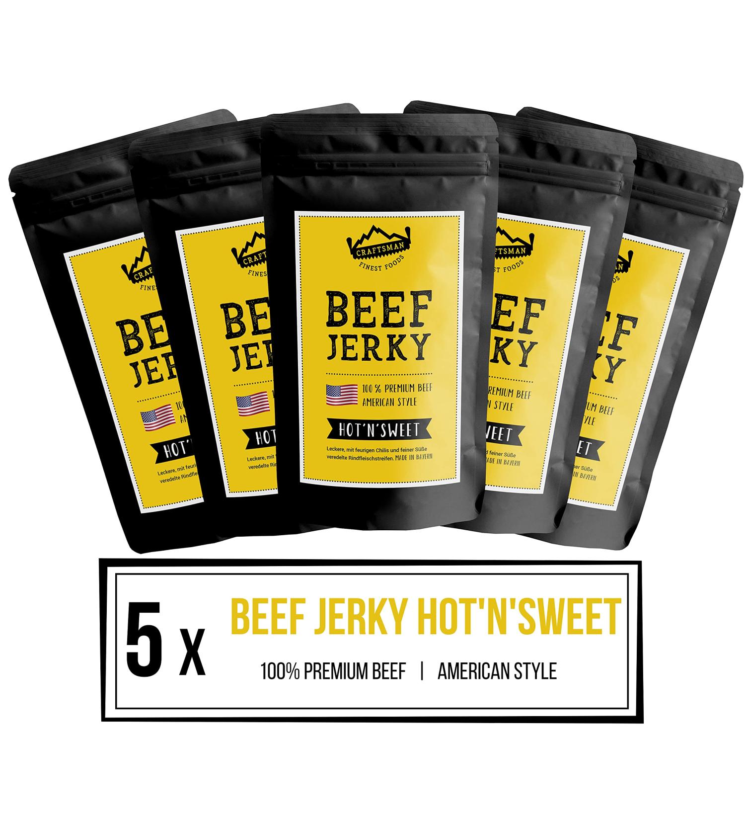  CRAFTSMAN FINEST FOODS Craftsman Beef Jerky Hot & Sweet 500g (5 x 100g) - Dried meat in Germany - Bavaria - American Jerky Beef - 100% beef - Hot'n'Sweet - Premium Beef - Made in Germany - Buy Online on GoSupps.com
