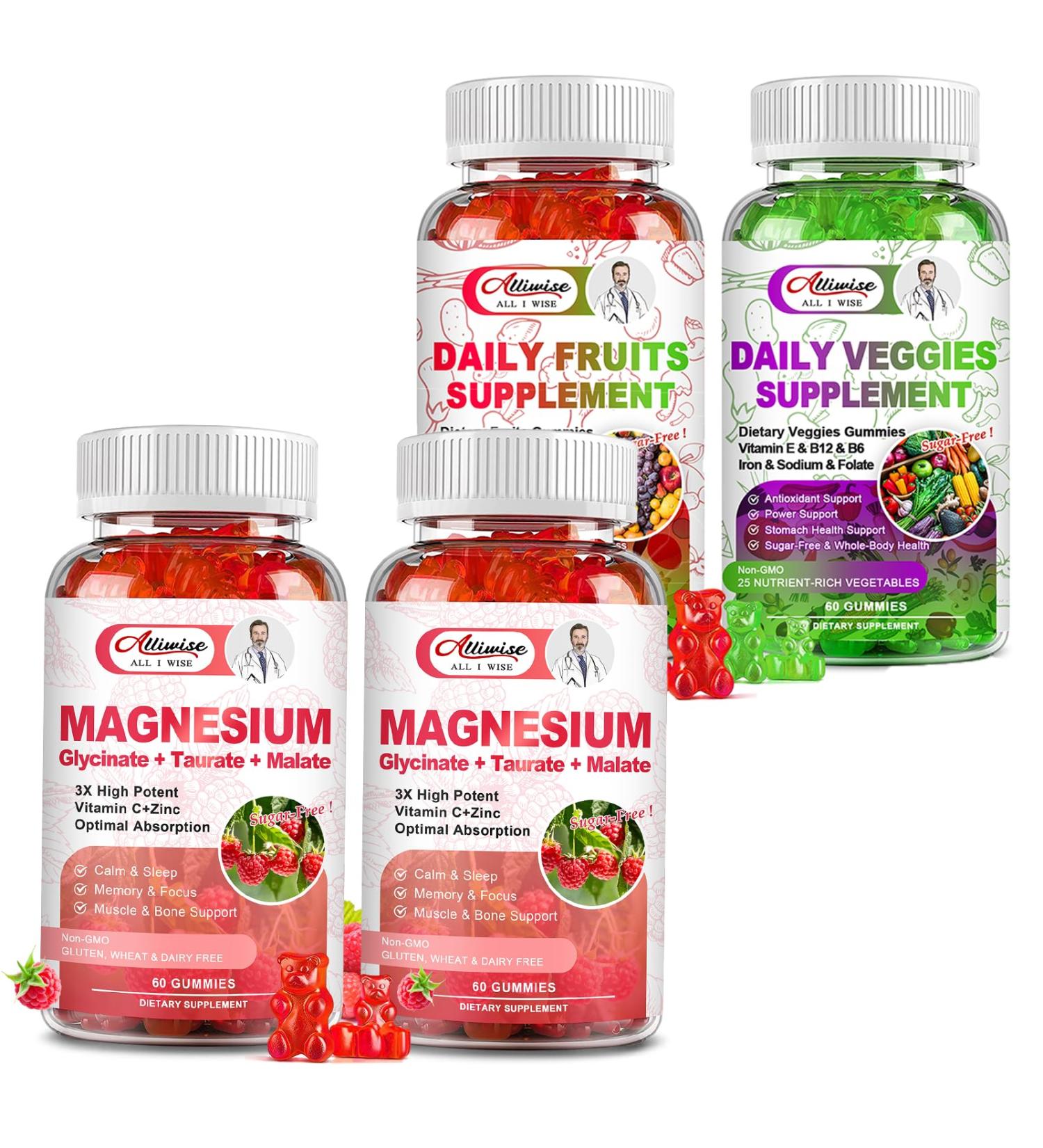 2Pack Magnesium Glycinate Gummies 500mg + 2Pack Sugar-Free Fruits and Veggies Gummies Supplement - Buy Online on GoSupps.com