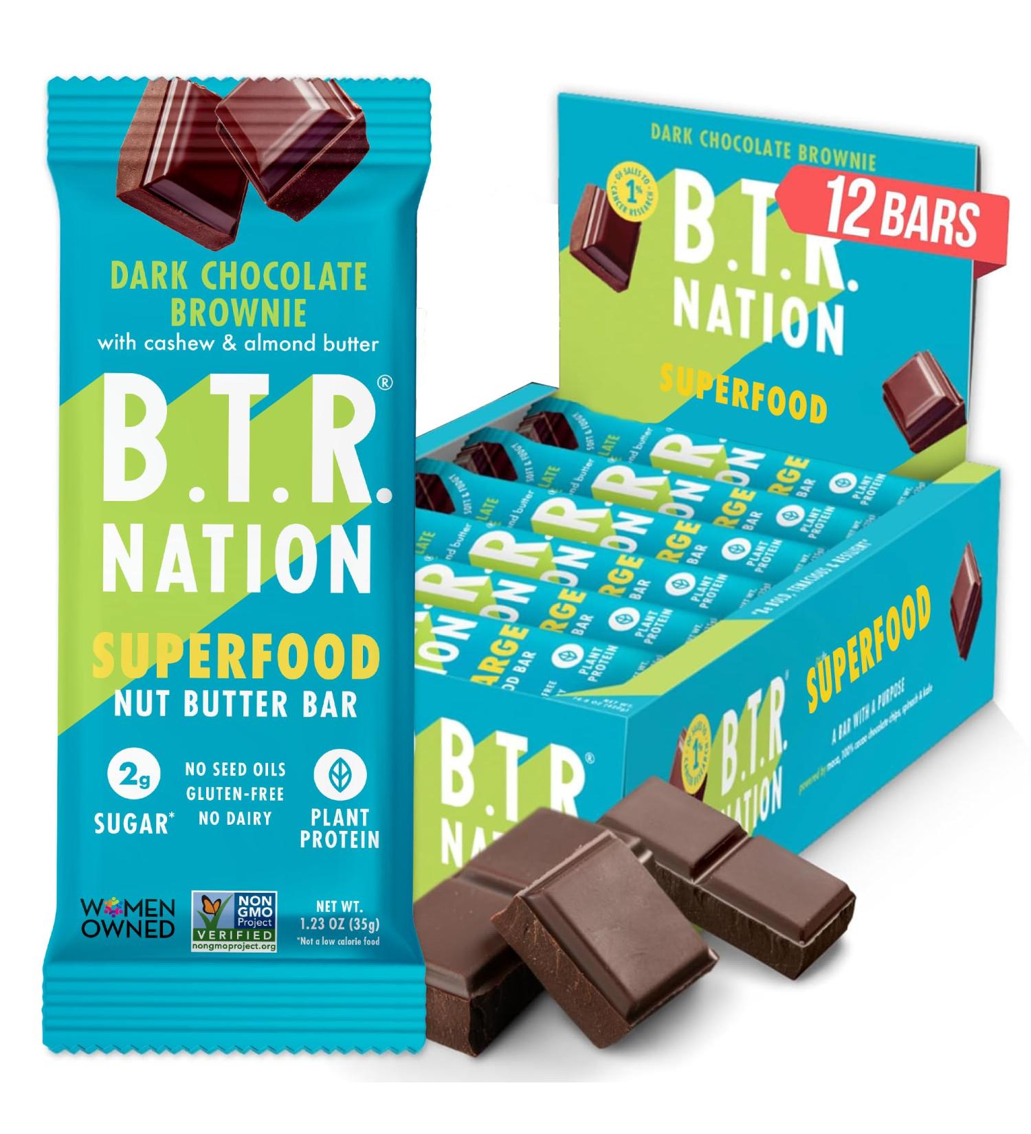 B.T.R Nation Keto Superfood Protein Bars Plant Based Vegan - Brownie RECHARGE | 12 Bars | Low Carb and Gluten Free Free of Sugar Alcohols and Boosted with Powerful Superfoods Dark Chocolate Brownie RECHARGE 12 Pack - Buy Online on GoSupps.com