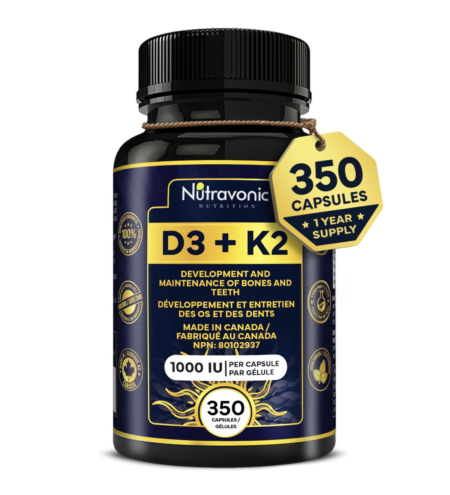 New! 350 Vegan Capsules of Vitamin D3 K2 High Potency 1000 IU D3 (25 mcg) / 120 mcg K2 (MK-7) - Year Long Supply Vitamin D - Helps Maintain Bone & Teeth Health - Formulated With MK-7 Natto Bean For Best Results - Immune System Support Vegan - Made In Cana - Buy Online on GoSupps.com