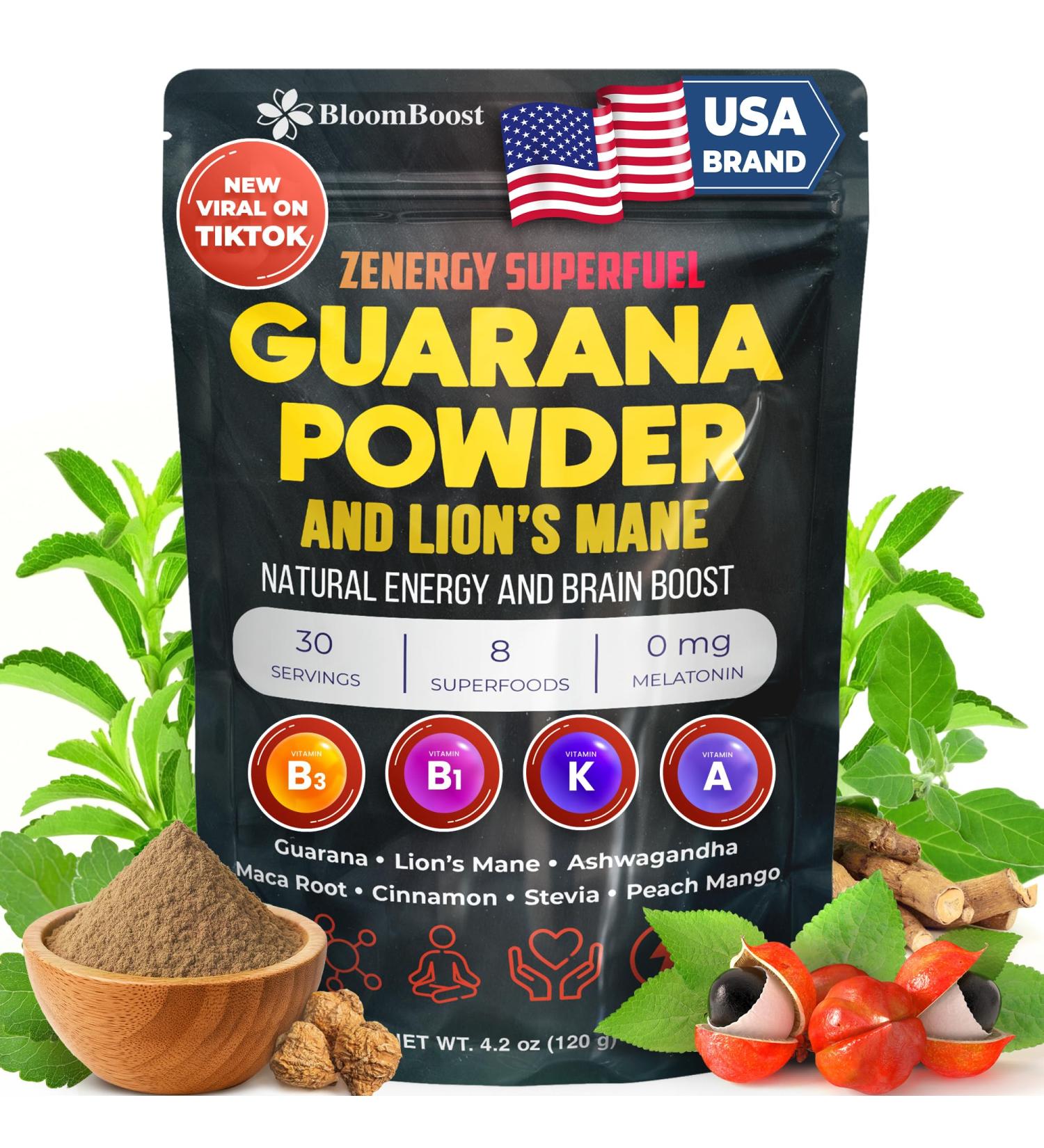 BloomBoost Guarana Powder 1 000mg Per Serv - Lion s Mane Ashwagandha Maca ... Natural Caffeine Energizer Brazilian Herbal Extract Bulk Superfood Vegan Friendly & Non-GMO - 4.2oz (30 Servings) - Buy Online on GoSupps.com