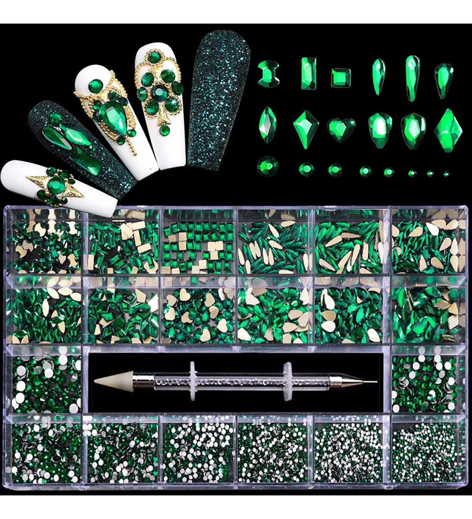 Yzzseven 12 Types 600 Diamonds 2500 Flat Rhinestones Mix 20 Styles for Nail Art DIY - Hole Green - Buy Online on GoSupps.com