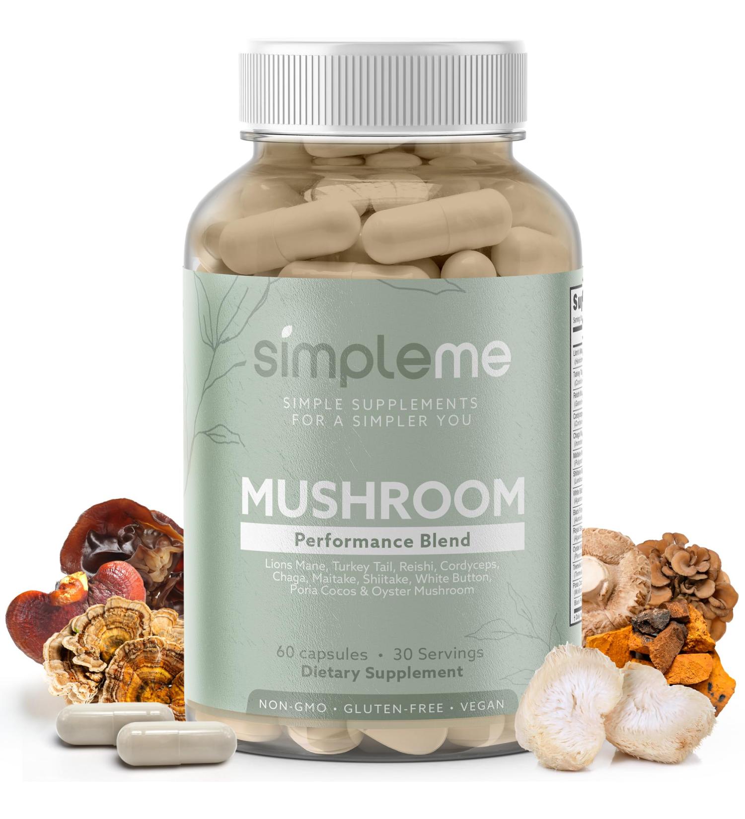 Simpleme Multi-Mushroom Supplement - Complex For Brain Immune Support Nootropics - Performance Blend with Lions Mane Turkey Tail Reishi Cordyceps Chaga Maitake Shiitake and More - 60 Capsules - Buy Online on GoSupps.com