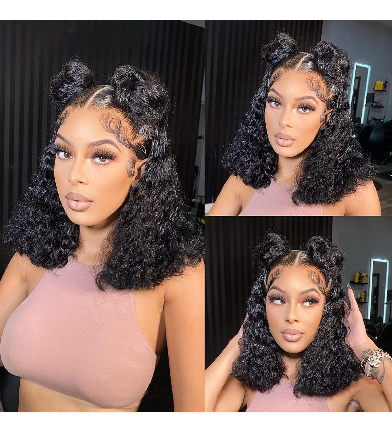 14 Curly Bob Lace Front Wig | HD Transparent Deep Wave Brazilian Virgin Human Hair | Pre Plucked with Baby Hair | 150% Density for Black Women - Buy Online on GoSupps.com