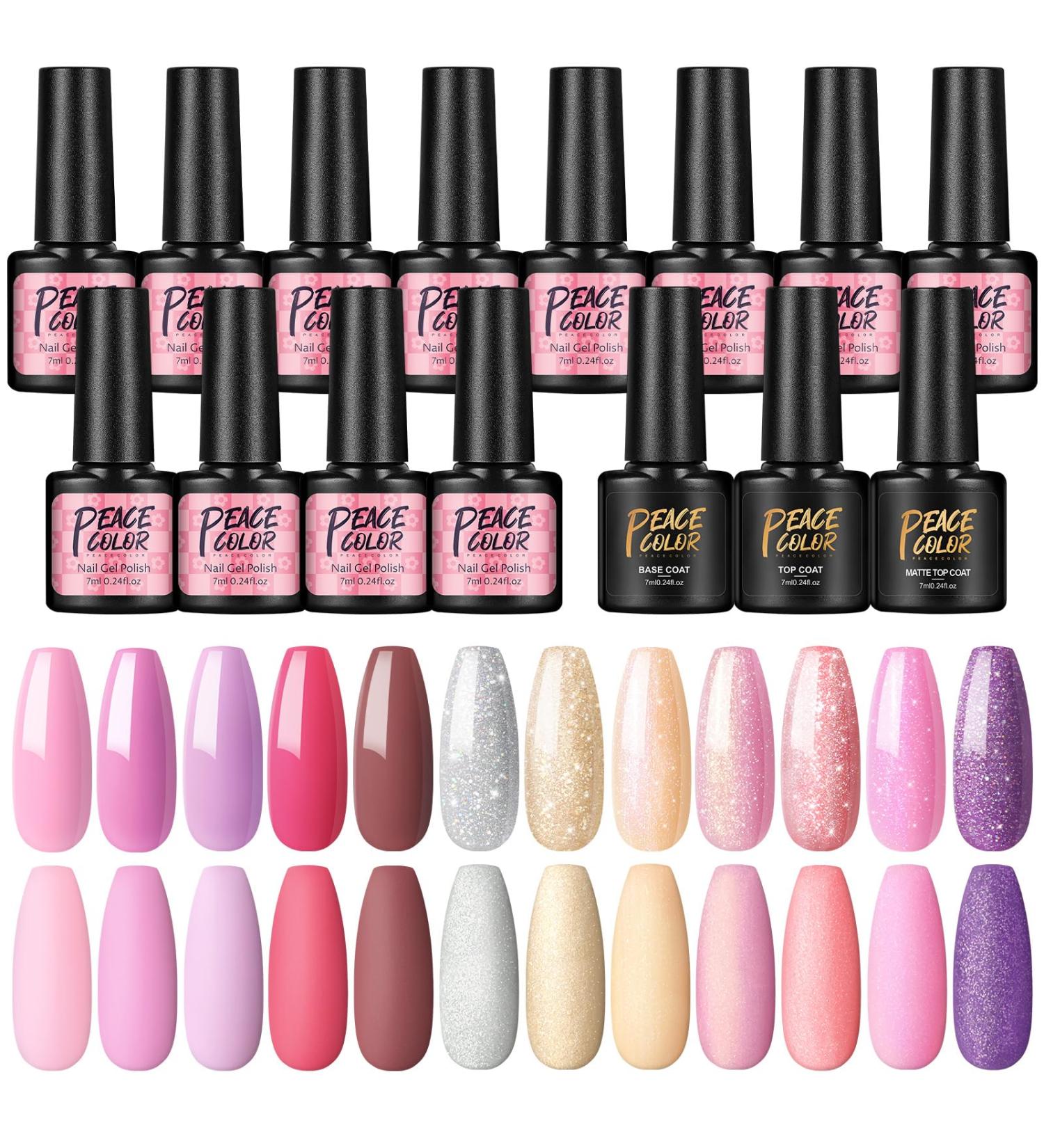 PEACECOLOR 7ML Nail Gel Polish Set 12Pcs with Top and Base Coat Matte Top Coat Pink Purple Glitter Gel Nail Kit U V/LED Lamp Needed Color Collection Gifts for Women DIY Nail Art XA-44 - Buy Online on GoSupps.com