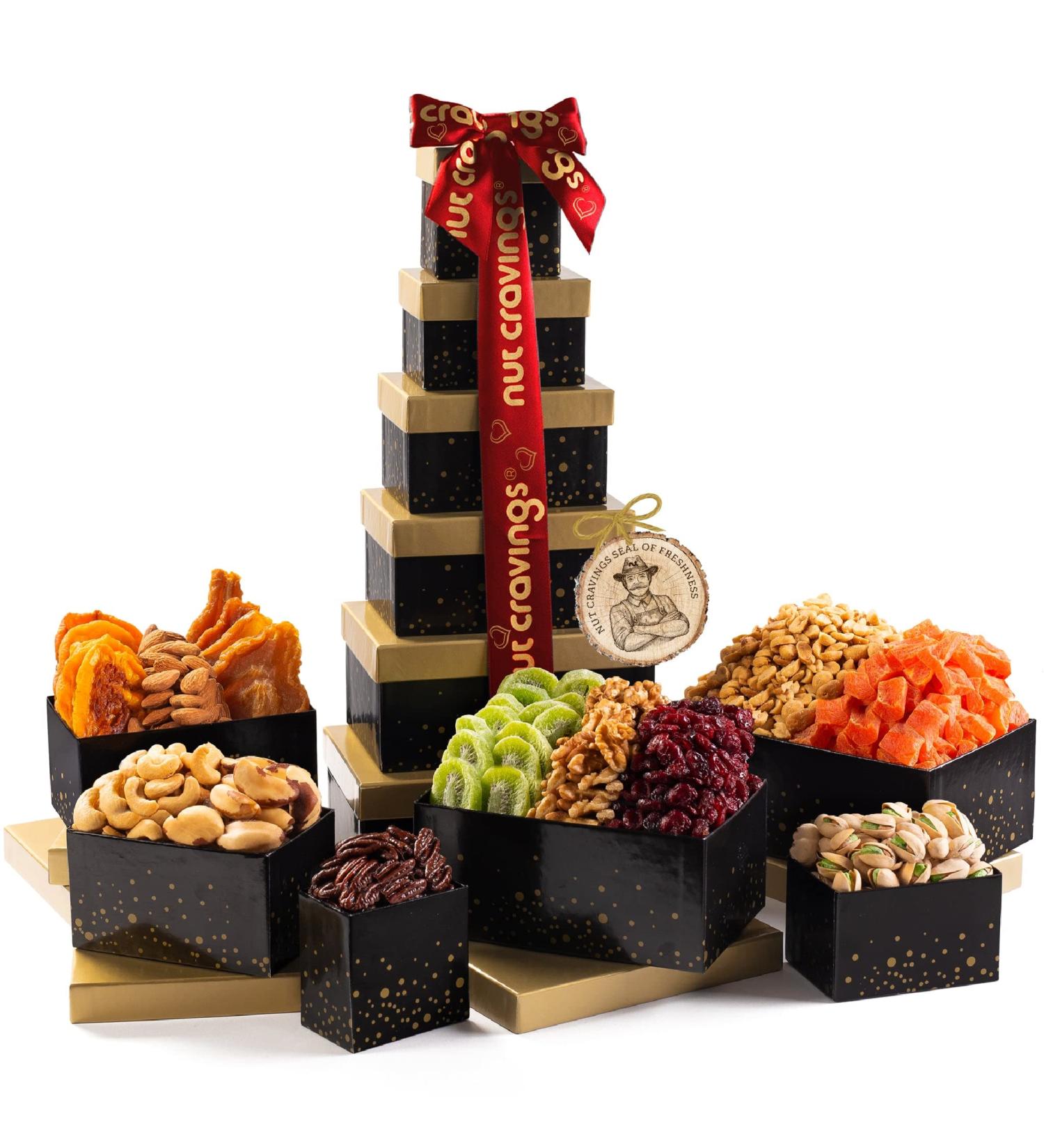 Dried Fruit & Nuts Gift Basket Tower with Red Ribbon - 12 Assortments, Holiday Gourmet Platter & Birthday Care Package - Healthy Kosher Snack Box for Adults - Buy Online on GoSupps.com