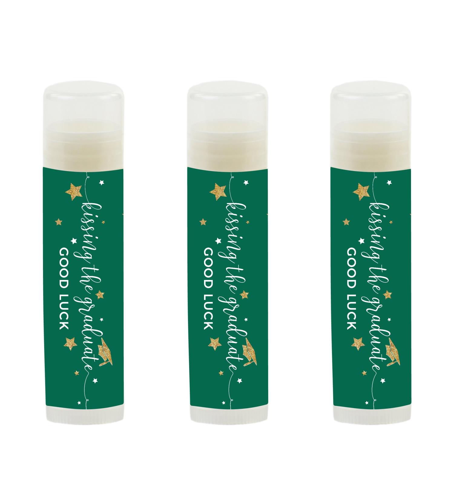 Emerald Forest Green & Gold Glitter Graduation Lip Balm Favors - Andaz Press 12-Pack | Kissing the Graduate Good Luck - Buy Online on GoSupps.com