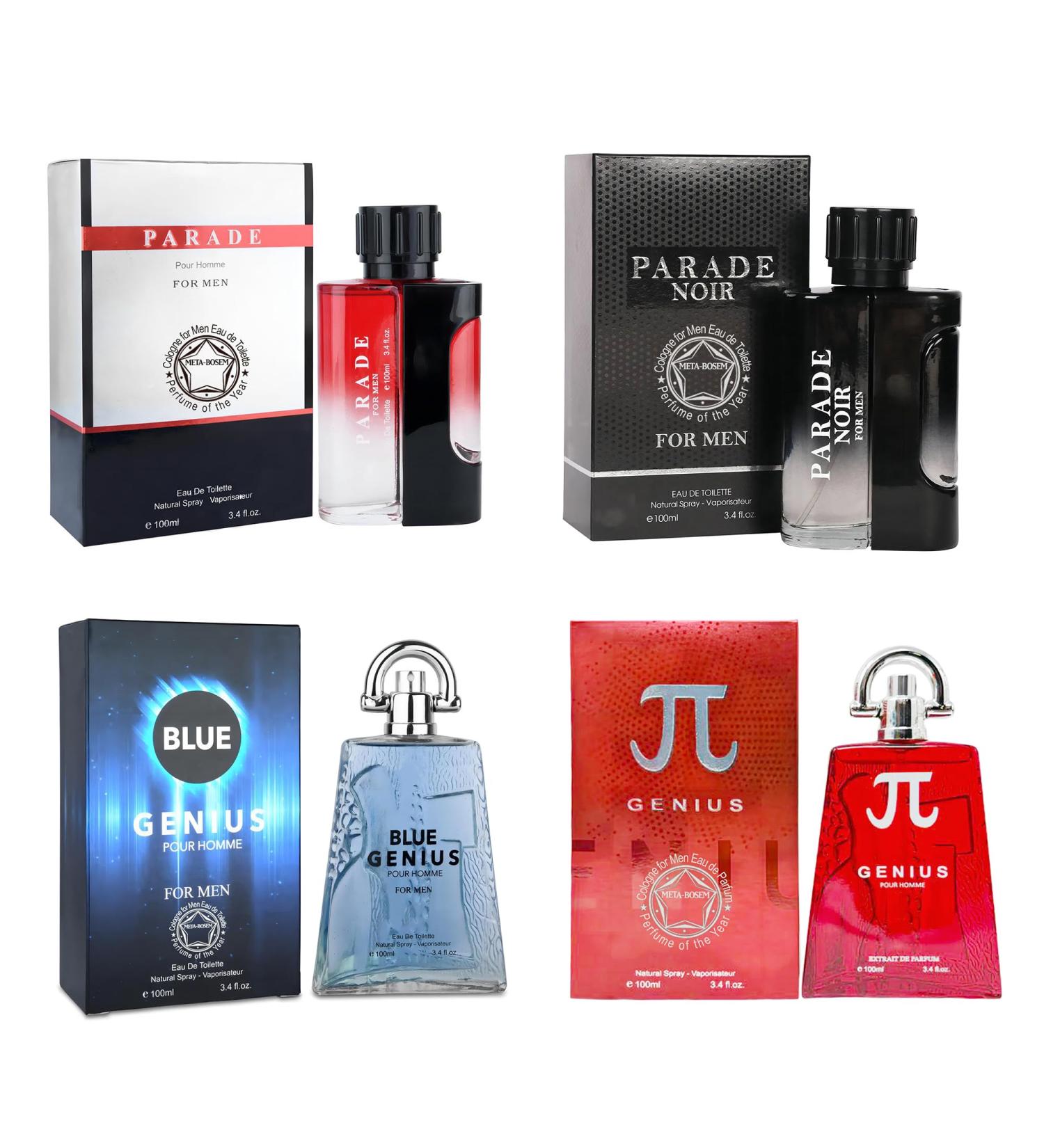 META-BOSEM 4Pc Set Cologne for Men (Parade+Parade Noir+Genius Red&Blue) Classic Collection Bottles Eau de Toilette Natural Spray - Woody Scent - Holiday Gift (Pack of 4) Each 3.4 Fl Oz Total 13.60 Oz - Buy Online on GoSupps.com