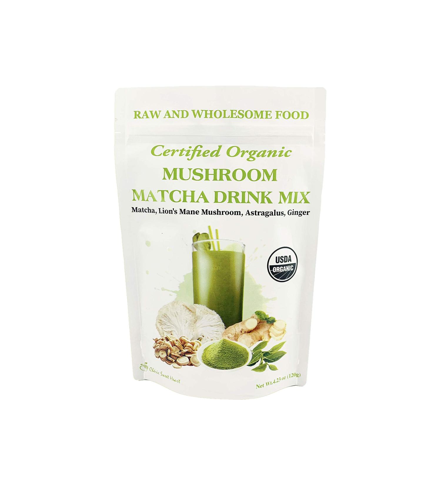 Cherie Sweet Heart Mushroom Matcha Drink Mix - Organic Japanese Matcha Powder with Lions Mane Mushroom, Ginger, and Green Tea - 40 Servings (4.23 oz) - Buy Online on GoSupps.com