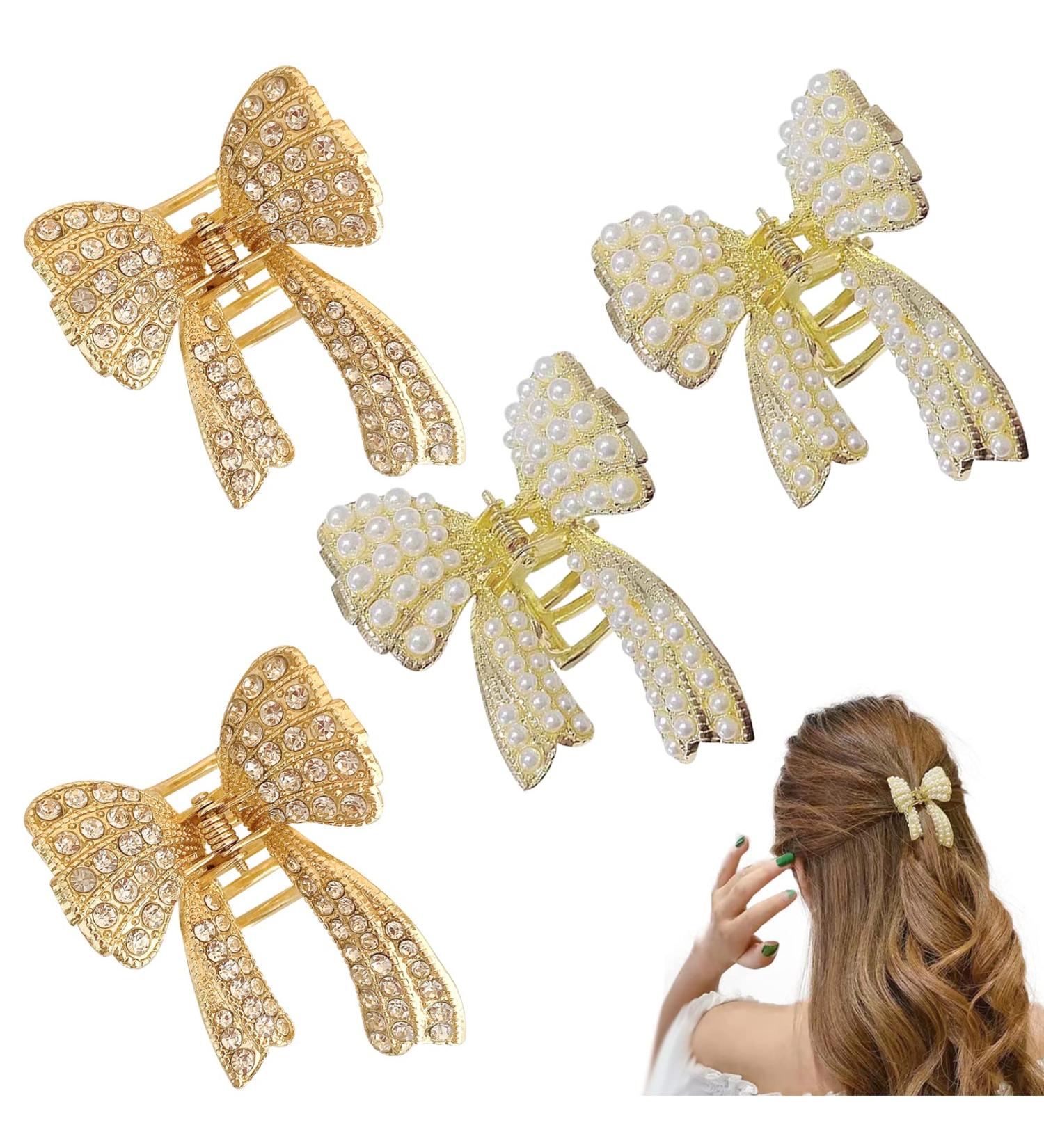 4 Pcs Bow Diamond Pearl Hair Clips for Women Girls - Non Slip Strong Hold Hair Jaw Clips - Ideal Headwear Gift - Buy Online on GoSupps.com