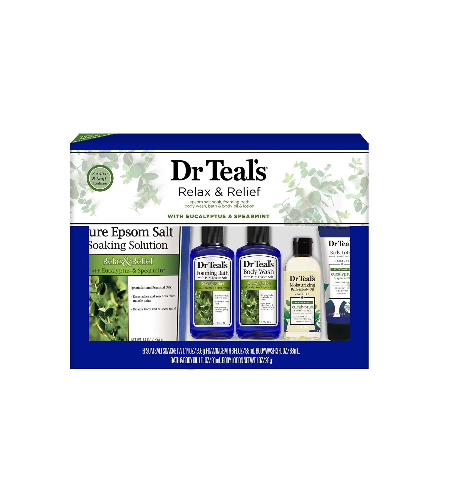 Dr Teal's Eucalyptus & Spearmint Relax & Relief Full Regimen 5-piece Gift Set (Epsom Salt Soaking Solution, Foaming Bath, Body Wash, Moisturizing Bath & Body Oil, Body Lotion)