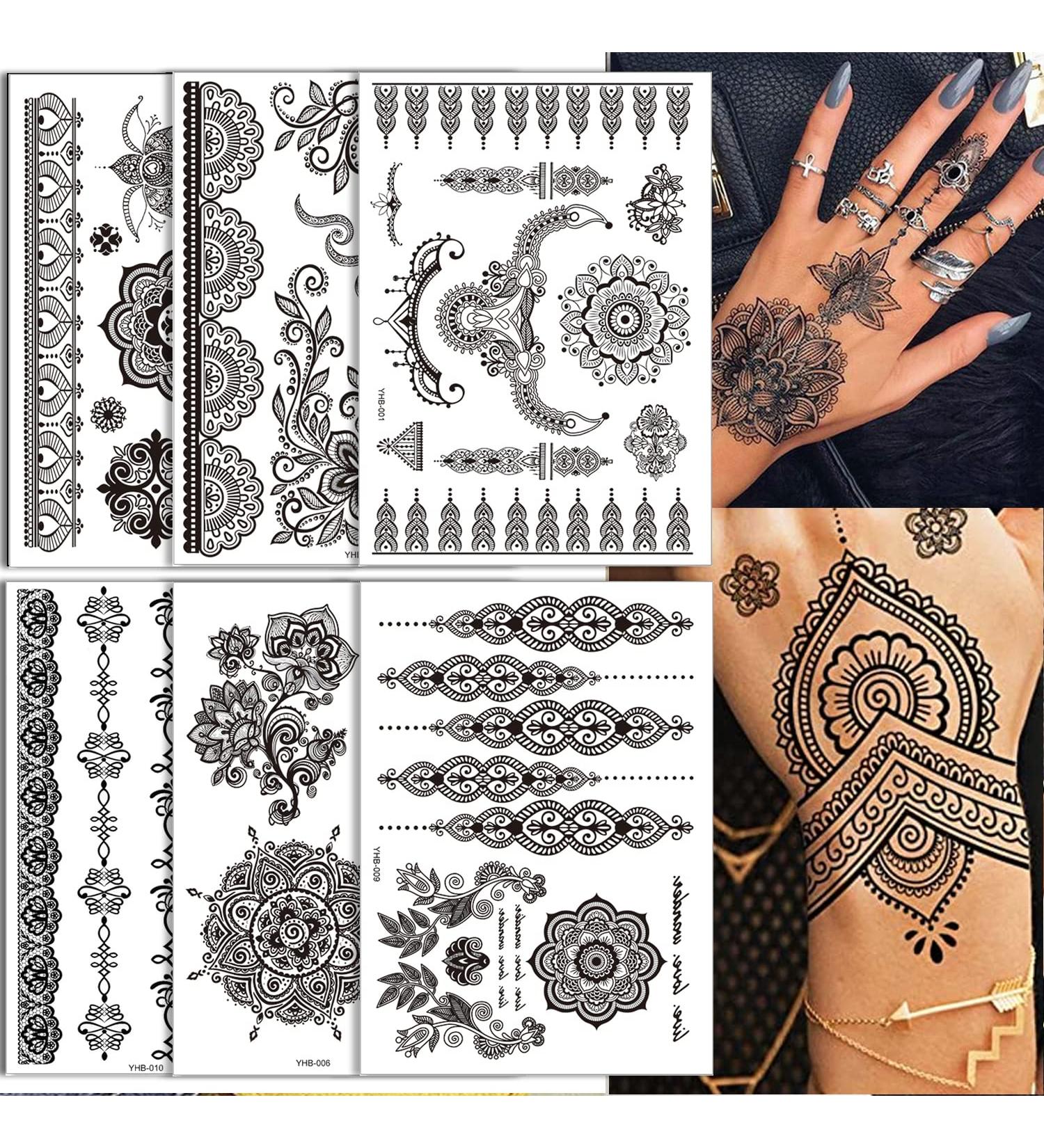 Black Henna Temporary Tattoo Stickers - Lace Pattern Body Art Design for Women - Waterproof and Sexy Mandala Flower Fake Tattoos - 6 Sheets - Buy Online on GoSupps.com