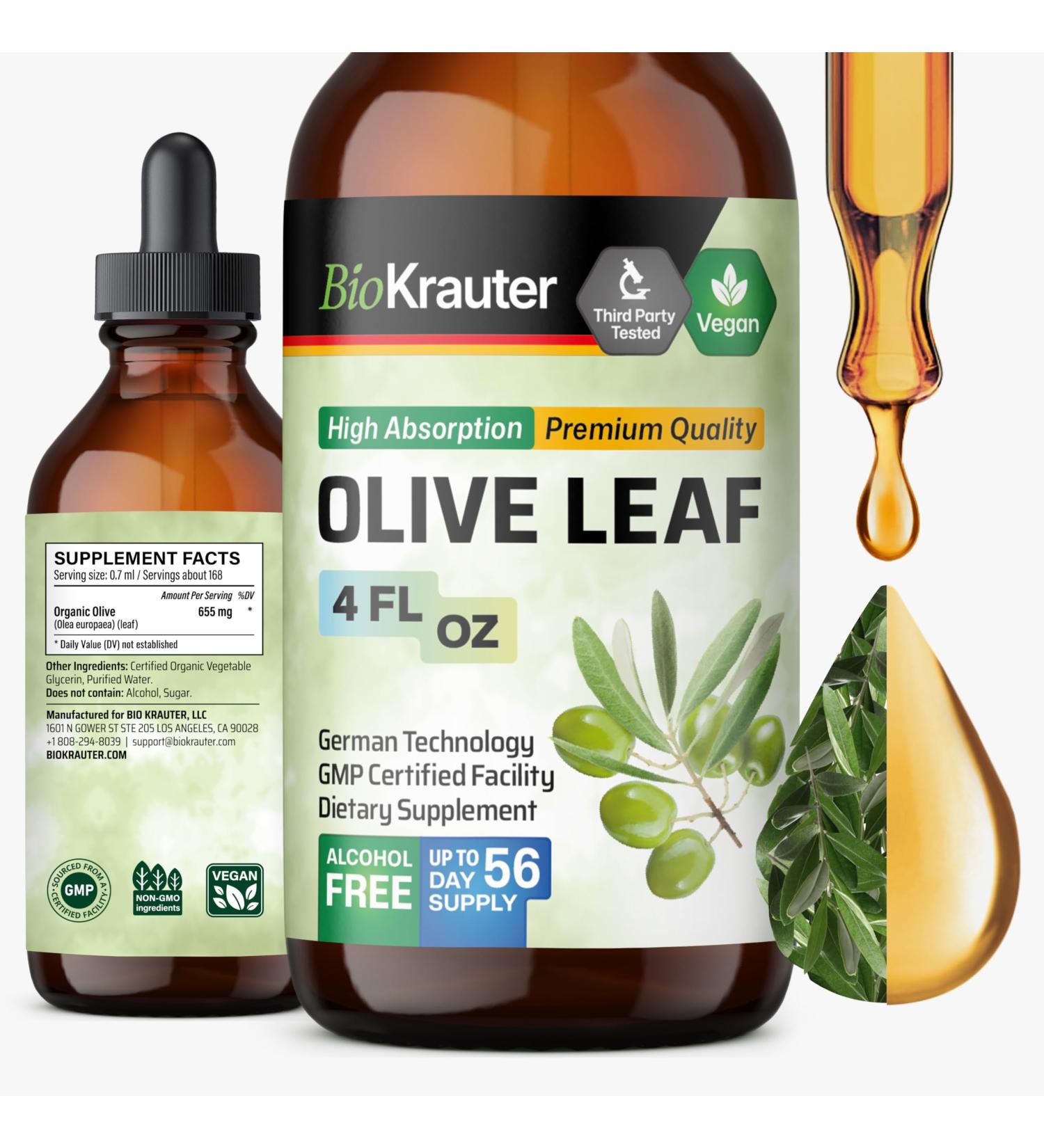 BIO KRAUTER Olive Leaf Extract for Immune Support - Pure Vegan Oleuropein & Hydroxytyrosol Supplement - Used for Daily Wellness & Antioxidant Support - Alcohol & Sugar Free 4 Fl.Oz 56-Day Supply 4 Fl Oz (Pack of 1) - Buy Online on GoSupps.com