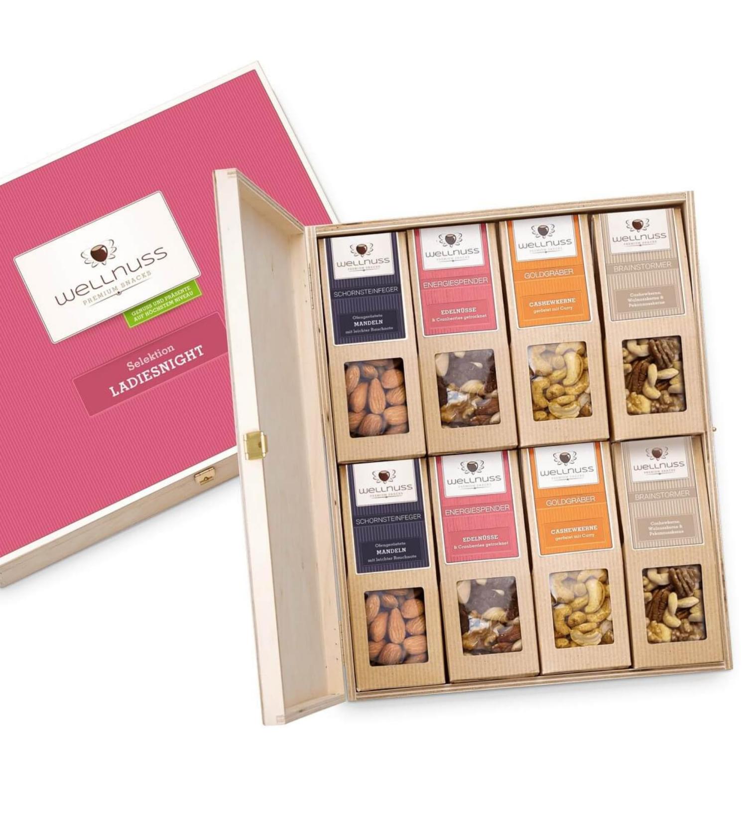 Wellnuss Ladiesnight Premium Vegan Gift Set for Women | 8 Nut Snacks in Birch Wood Box | Perfect Gift for Girlfriend Mother Sister - Buy Online on GoSupps.com