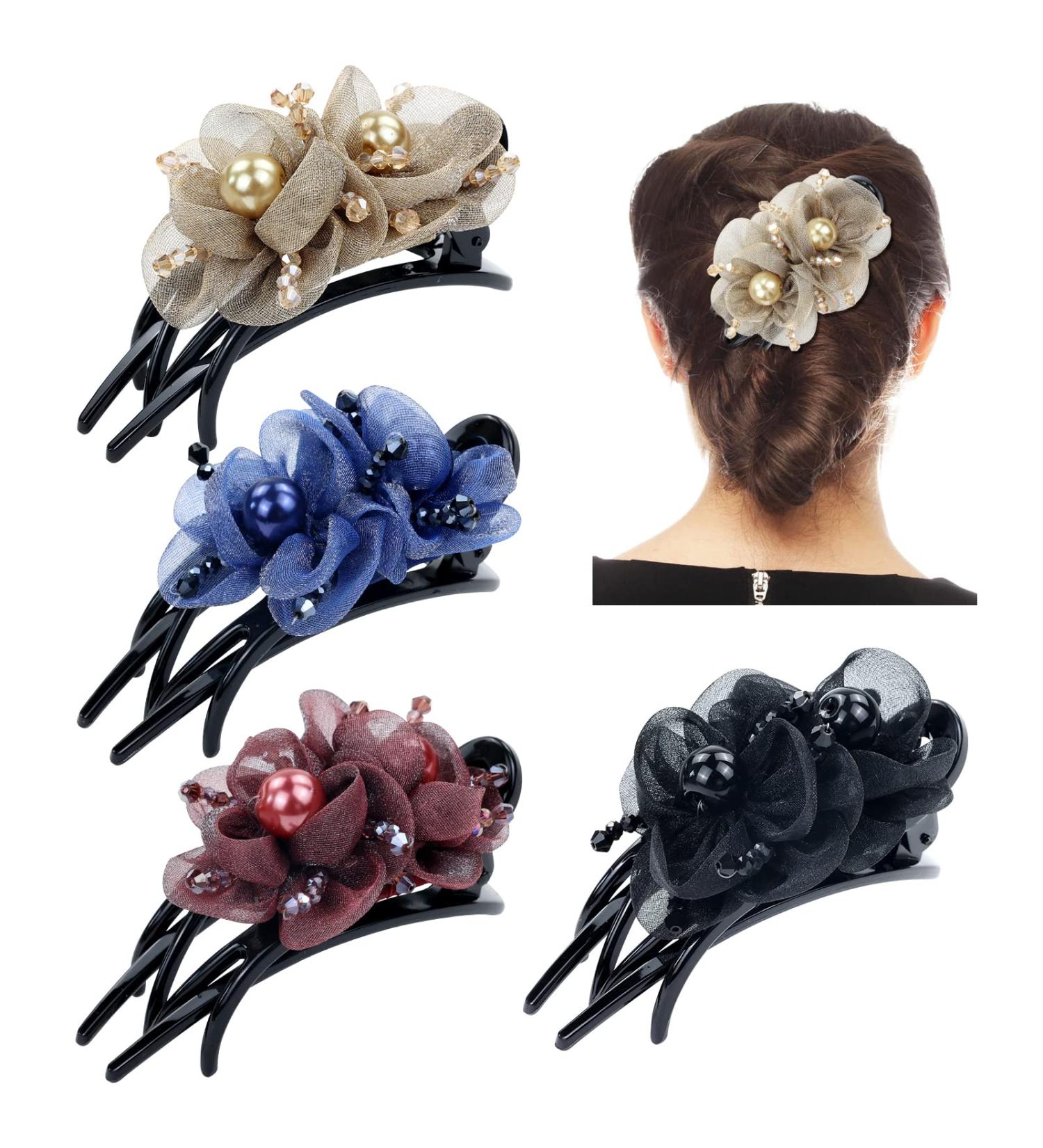 Dizila 4 Pack Sparkly Crystal Mesh Double Flower Hair Clips | Decorative Pearl Hair Barrettes for Women and Girls - Buy Online on GoSupps.com