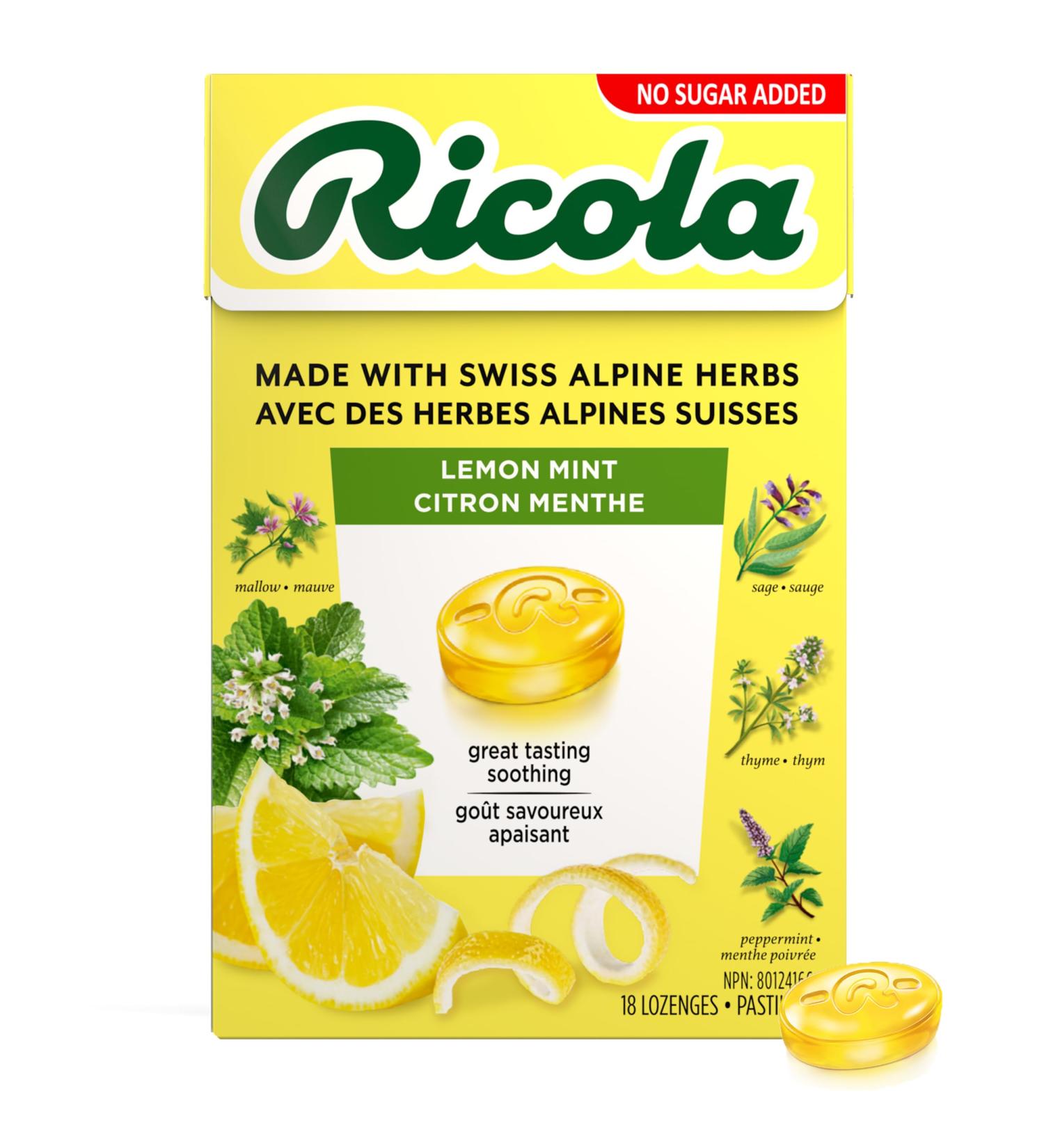 Ricola No Sugar Added Lemon Mint Cough Suppressant Throat Drops 18 Count Box - Buy Online on GoSupps.com
