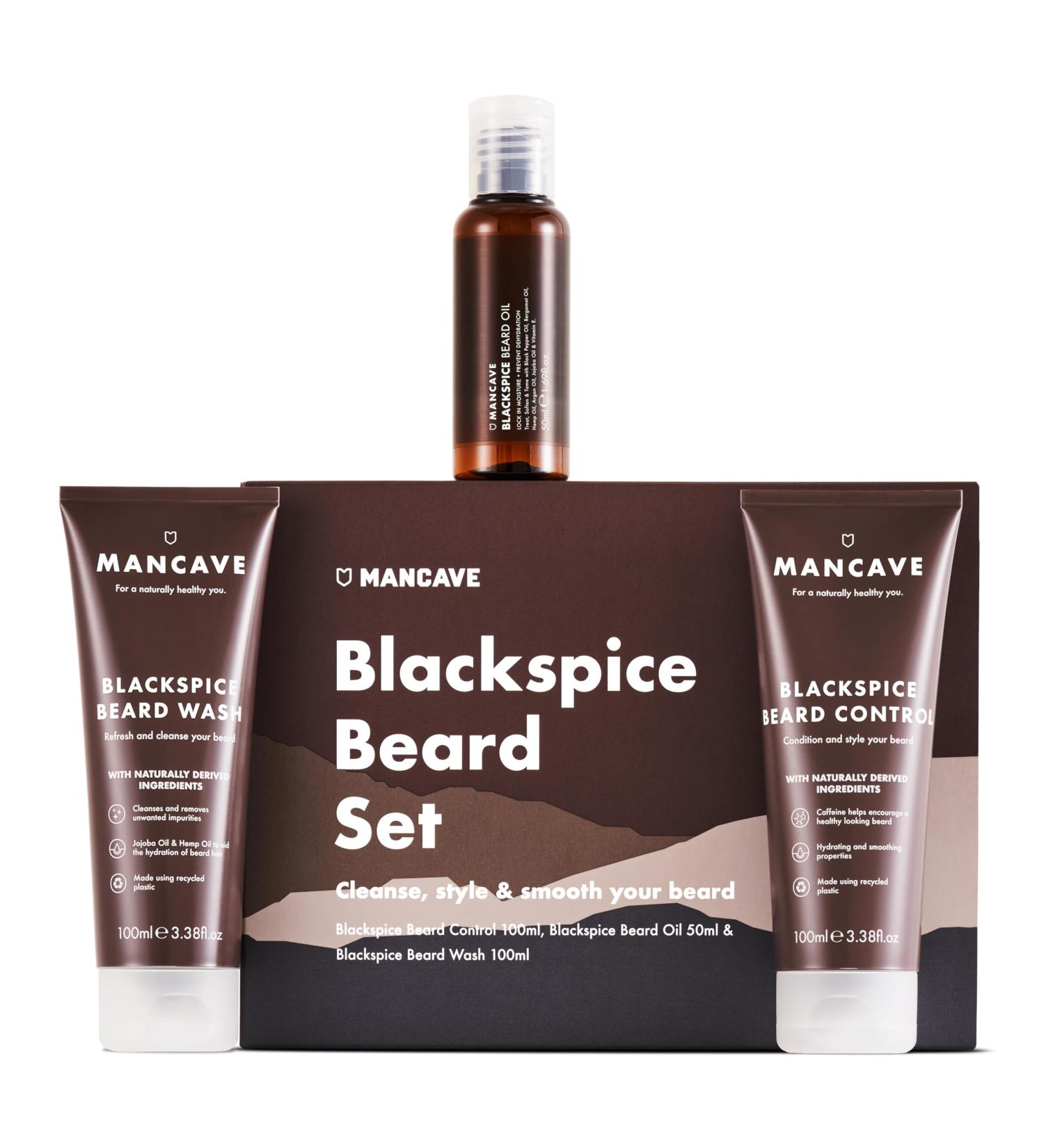 ManCave Blackspice Beard Gift Set - 3 Grooming Essentials for Thicker, Healthier Beard | Vegan-Friendly, Recycled Plastic Tubes | Made in England - Buy Online on GoSupps.com