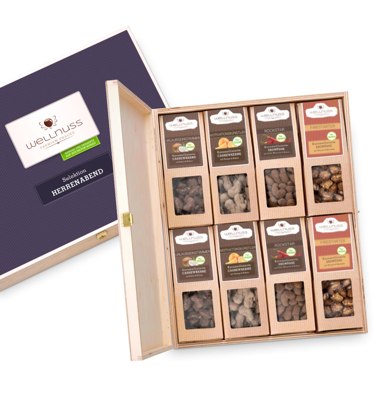 Men's Evening Gift Set | Vegan Caramelized Nuts & 8 Premium Snacks | Perfect Gift for Dad Brother Friend | Wellnut Birch Wood Box - Buy Online on GoSupps.com