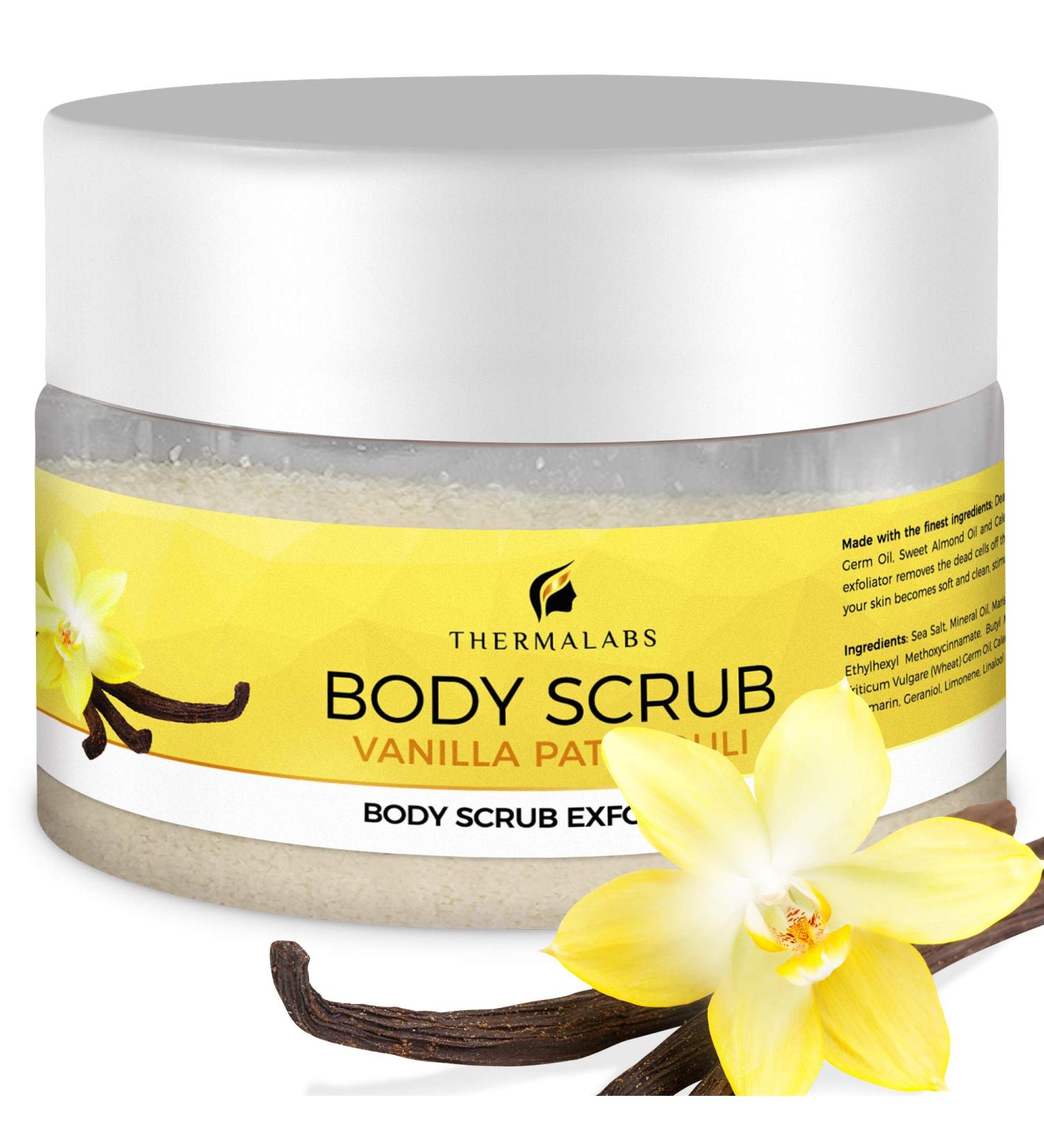 Organic Vanilla Patchouli Body Scrub Exfoliator | Deep Cleanse Soft Skin & Acne Treatment | Ideal for Self Tanning - Buy Online on GoSupps.com