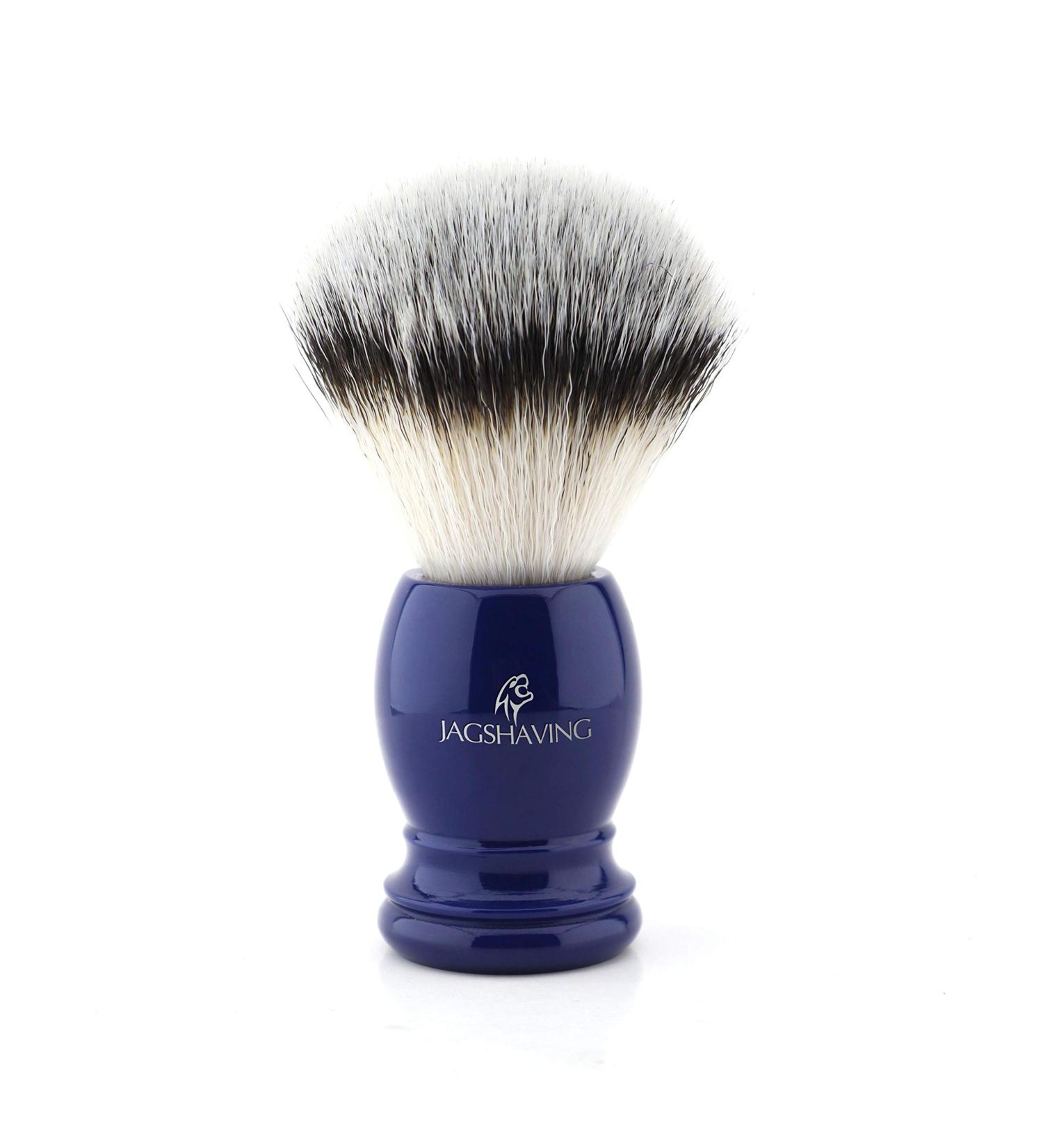 Shaving brush made of synthetic badger hair with blue resin handle low maintenance