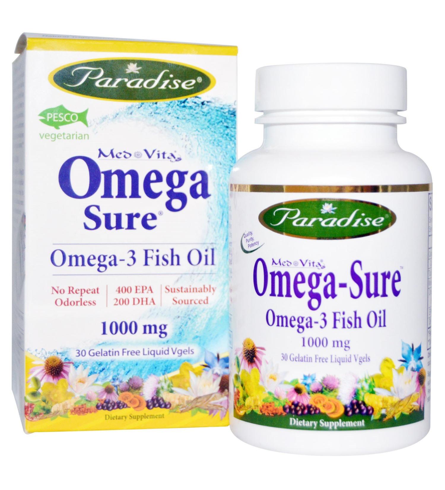Paradise Herbs Omega Sure Omega-3 Premium Fish Oil 1000 mg 30 Pesco Vegetarian Softgels