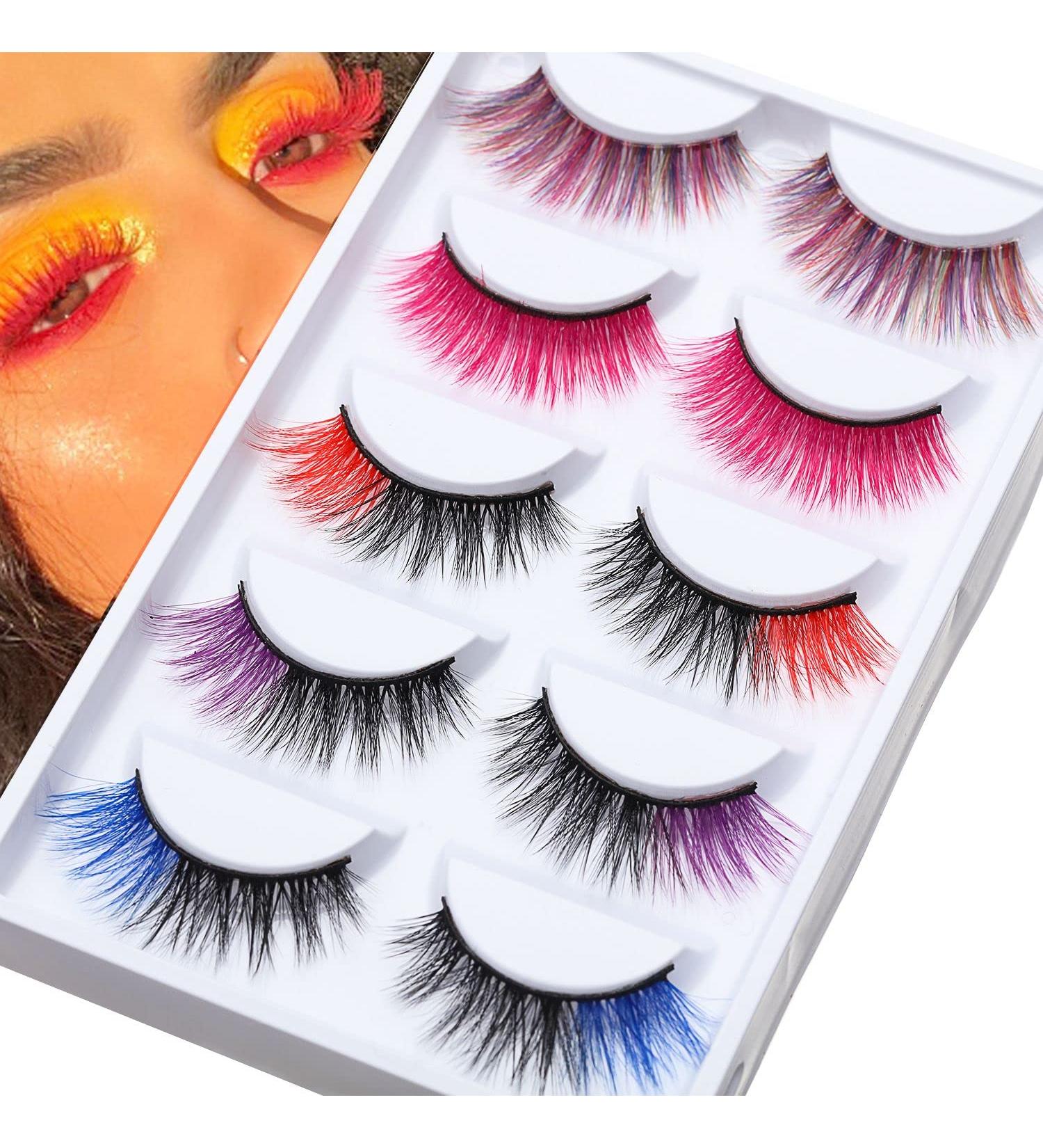 Halloween Cosplay Eyelashes Set - 5 Pairs Faux Mink Blue Pink Colorful Eyelashes for Costumes and Parties - Buy Online on GoSupps.com