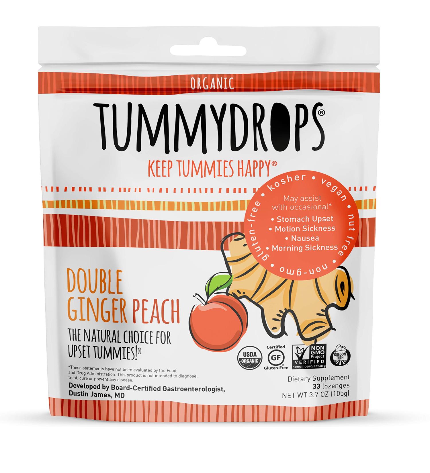 Buy Tummydrops Organic Double Ginger Peach Lozenges - 33 Count (3.7 oz) for Natural Digestive Relief - Buy Online on GoSupps.com