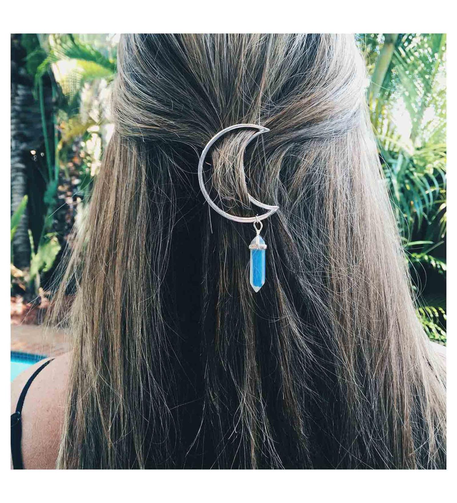 Andelaisi Boho Moon Hair Clip - Vintage Crescent Hairpin with Natural Stone Pendant - Hexagonal Crystal Drop Barrette for Women and Girls - Buy Online on GoSupps.com