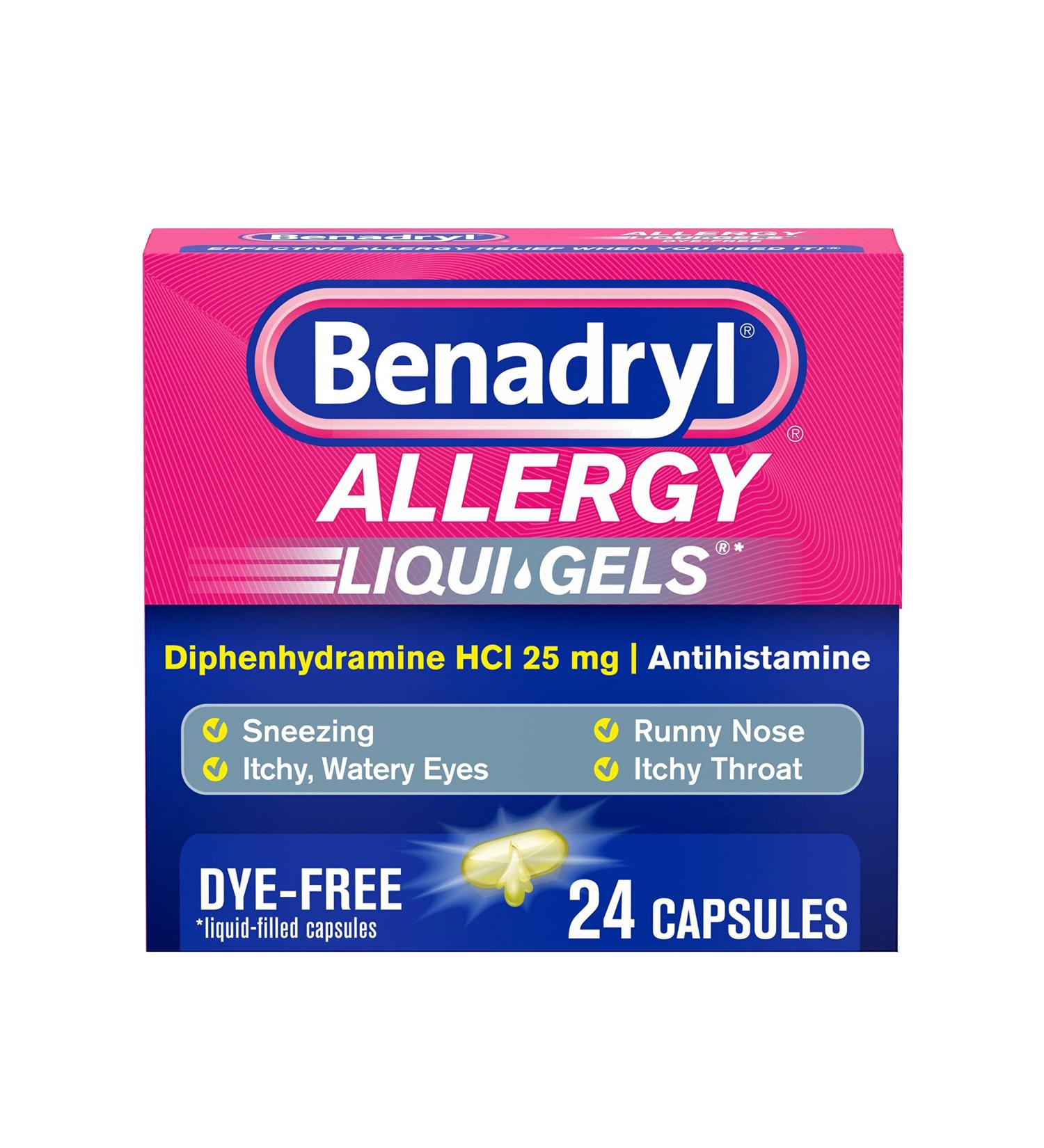 Benadryl Liqui-Gels Dye-Free Antihistamine Allergy Medicine & Cold Relief - 24 ct - Buy Online on GoSupps.com