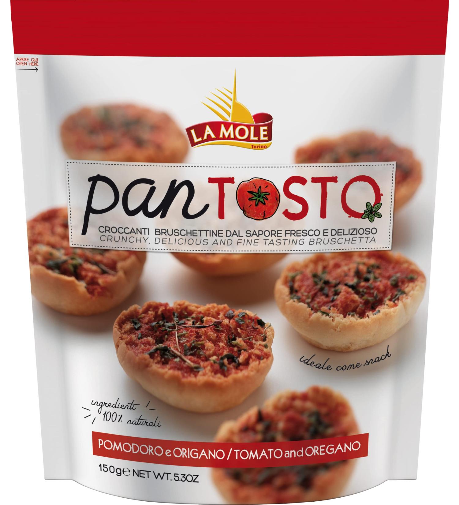 La Mole Tomato & Oregano Pan Tosto Oven Toasted Brushetta. Best Served with Meats Soft Cheeses & Tomatoes or Partnered with Dips and Soups Kosher Friendly 150g Bag