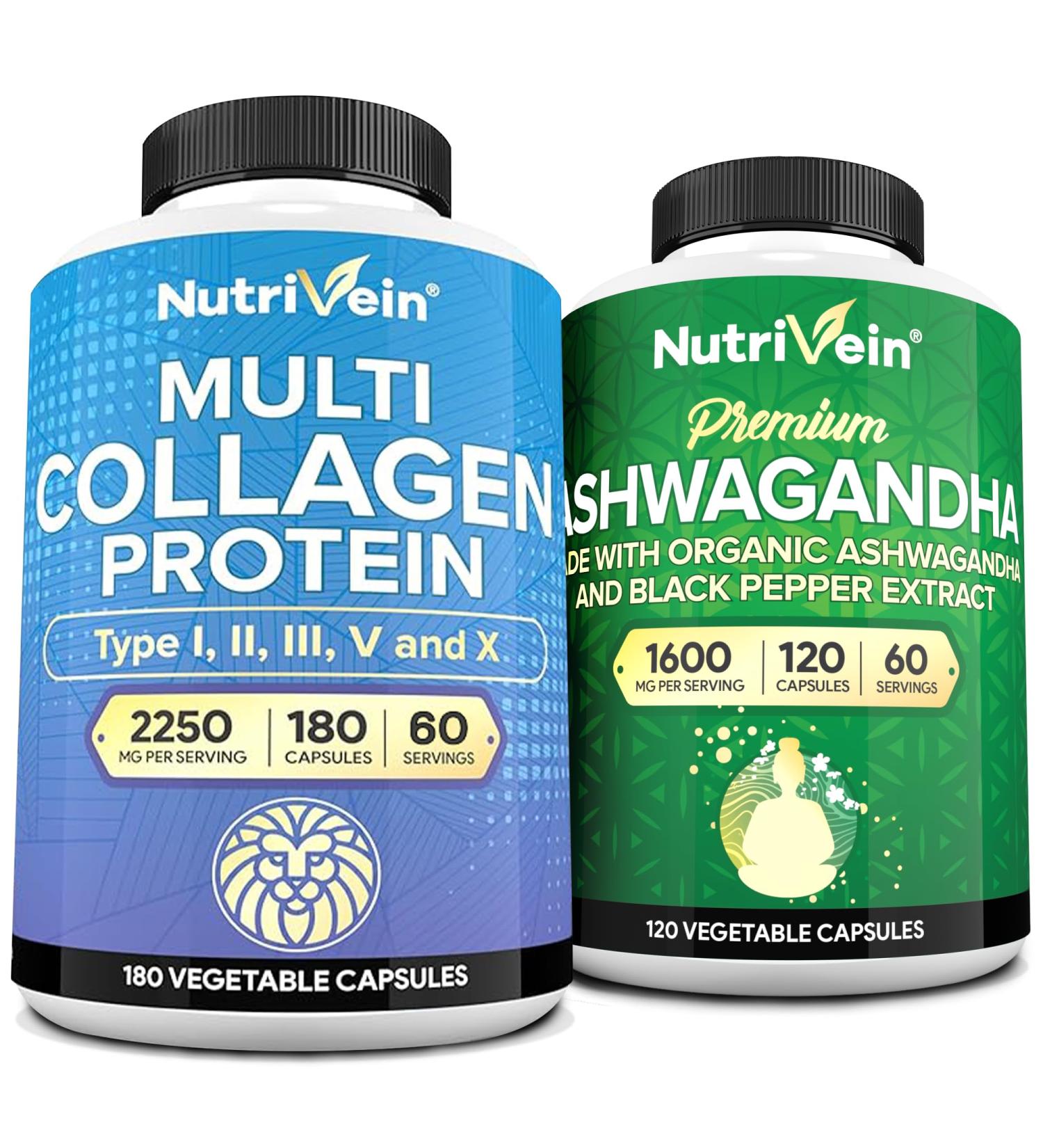 Nutrivein Premium Multi Collagen Capsules & Ashwagandha Supplements Bundle: High-Absorption Ashwagandha Root & Multi Collagen Peptides Capsules for Body and Mind - Buy Online on GoSupps.com