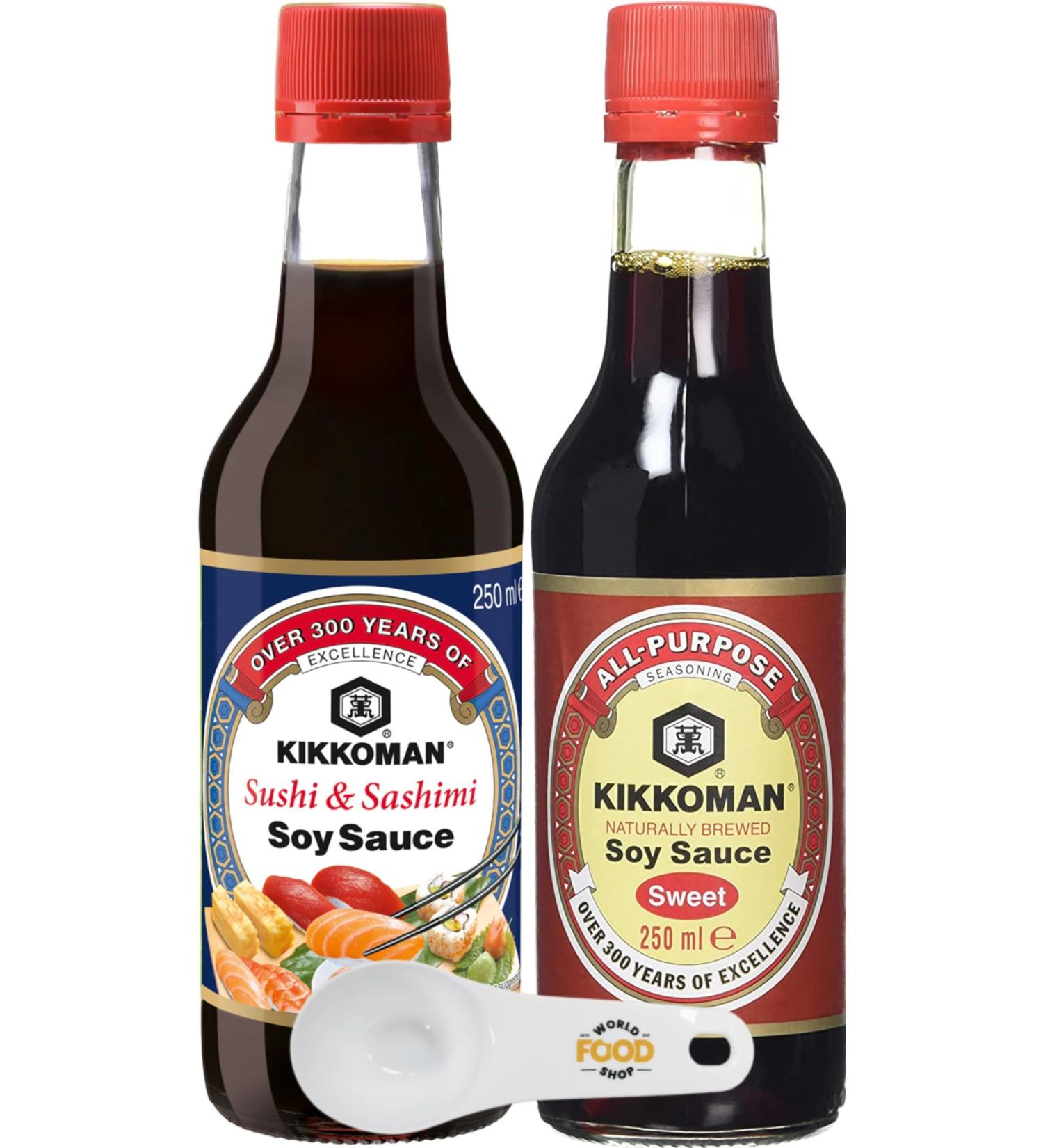 Kikkoman Soy Sauce Bundle of 2 with World Food Shop Scoop (Sweet Soy Sauce 250ml and Sushi & Sashimi Soy Sauce 250ml) - Buy Online on GoSupps.com