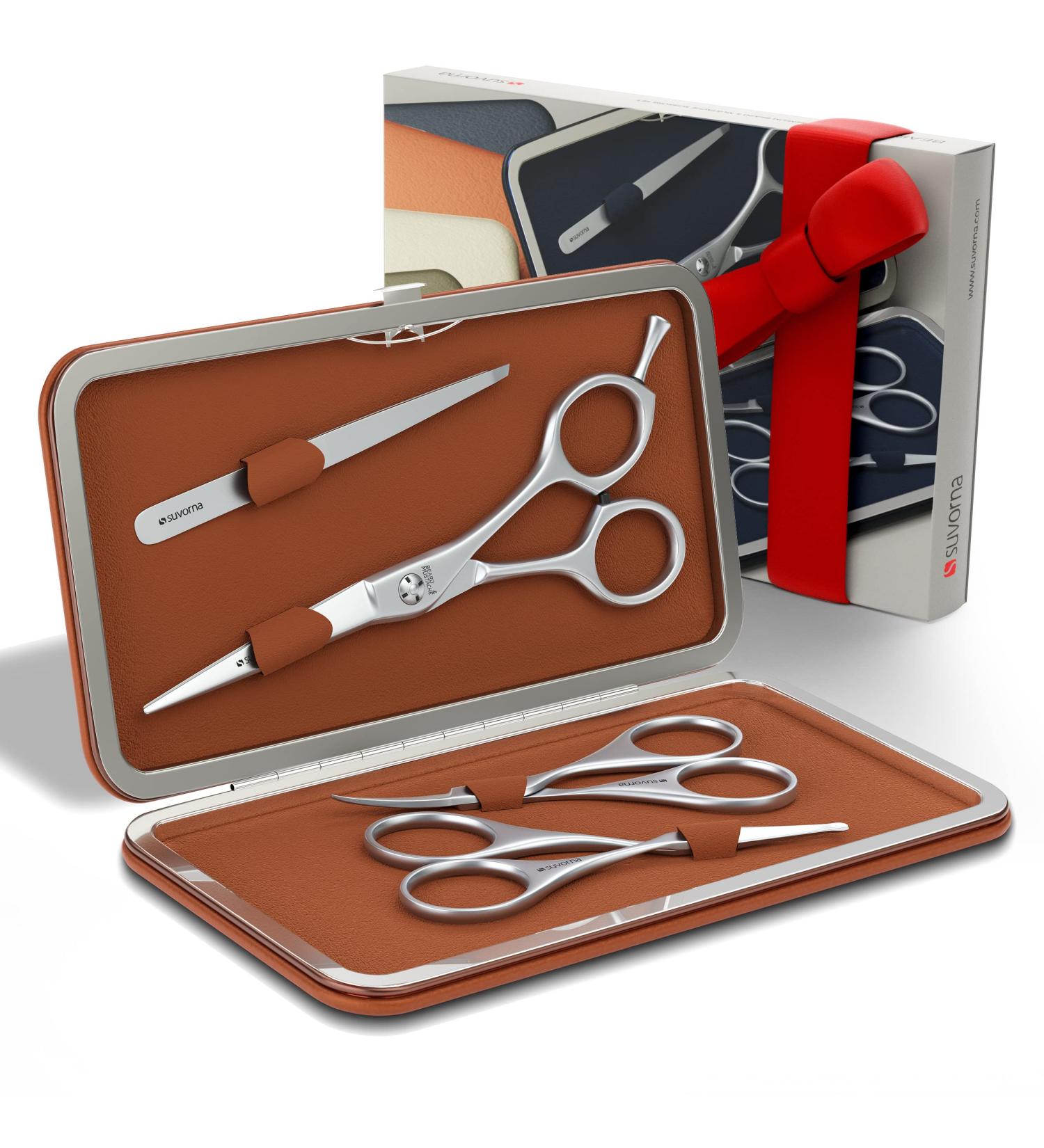 Suvorna 4-Piece Beard Grooming Kit with Multi-Functional Scissors and Tweezers - Professional Men's Facial Hair Grooming Set in Orange Brown - Buy Online on GoSupps.com