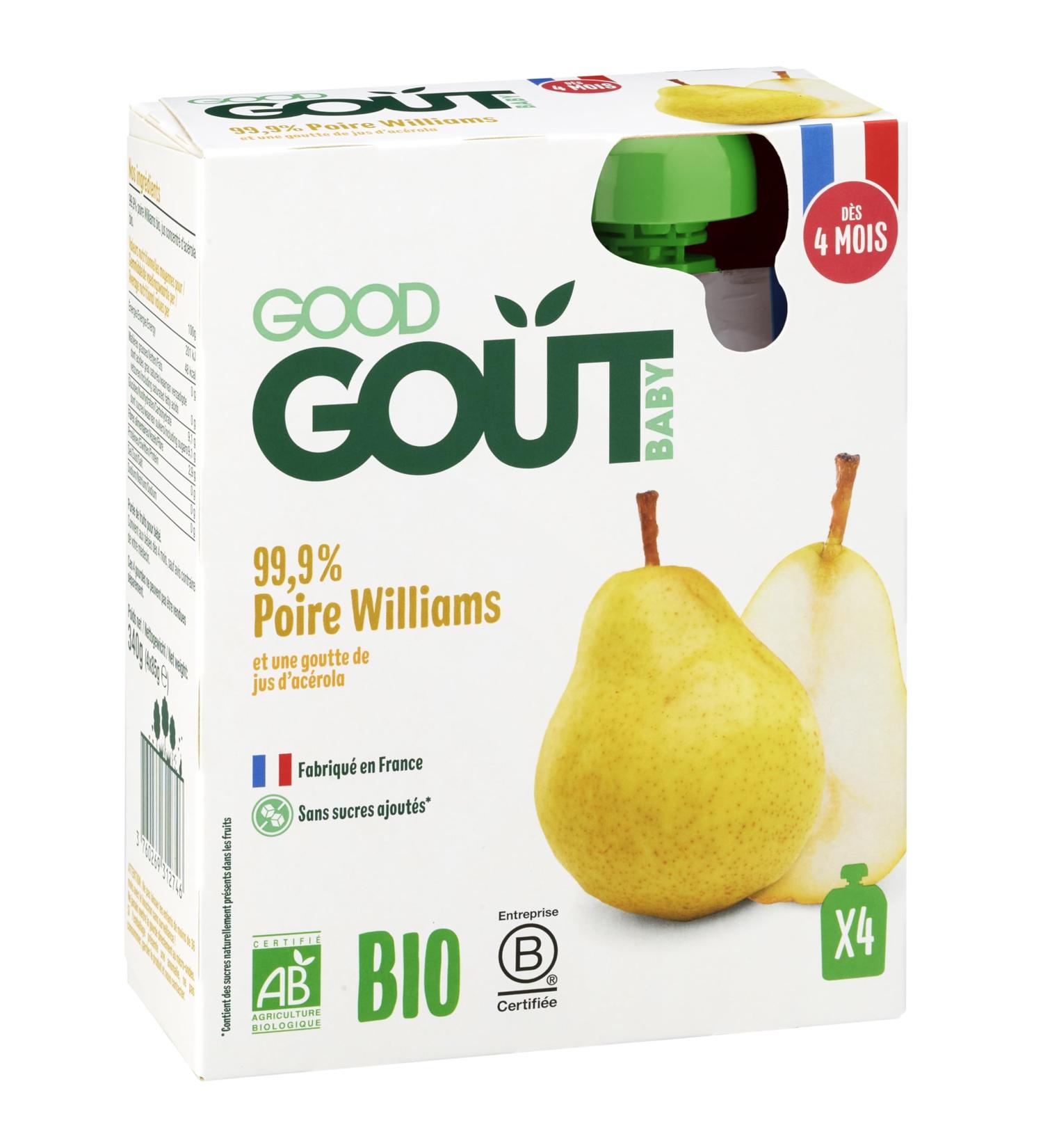 Good Go t - Gourdes Poire Williams - Pur e B b - d s 4 Mois - 99 9 % Poire Williams - sans Sucres Ajout s - Fabriqu en France - 4 x 85 g - Buy Online on GoSupps.com